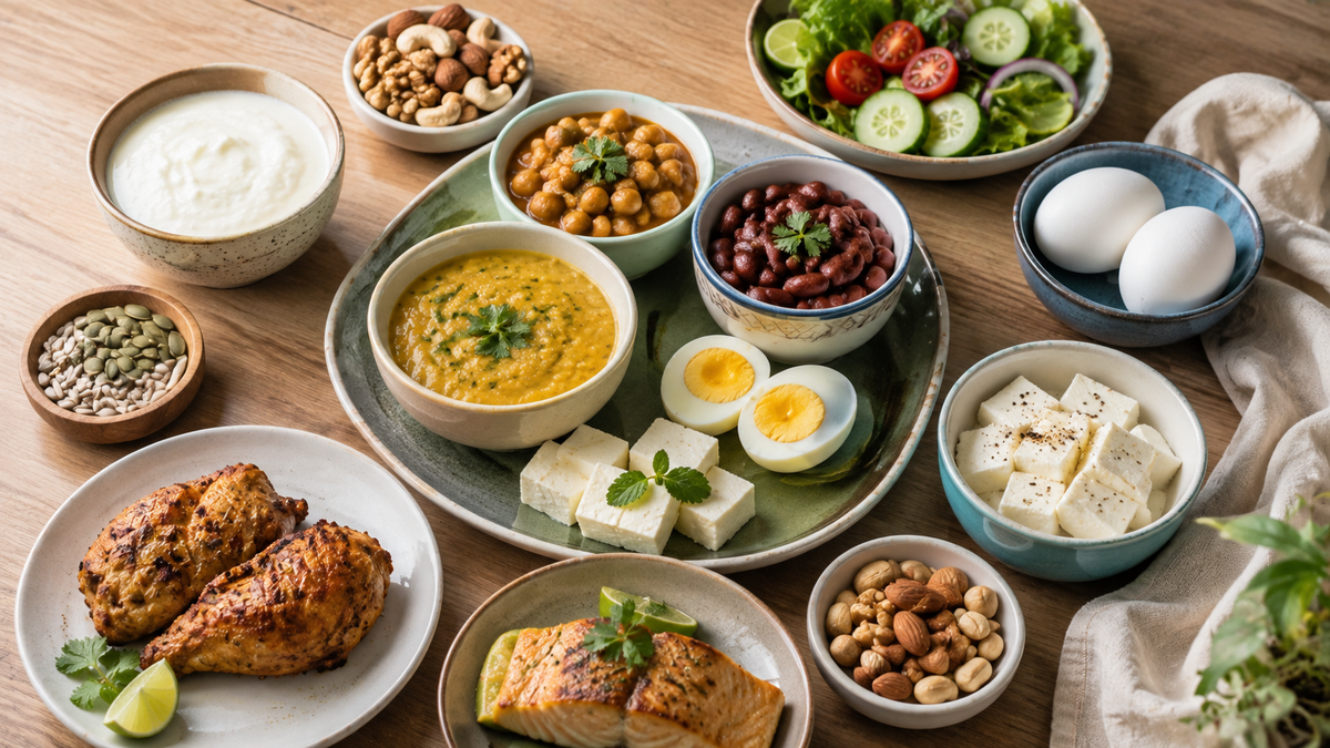A styled overhead food spread on a wooden table, featuring bowls of soup, tofu, beans, chickpeas, salad, eggs, nuts, and grilled chicken, arranged attractively with no people or real environment beyond the tabletop setting.