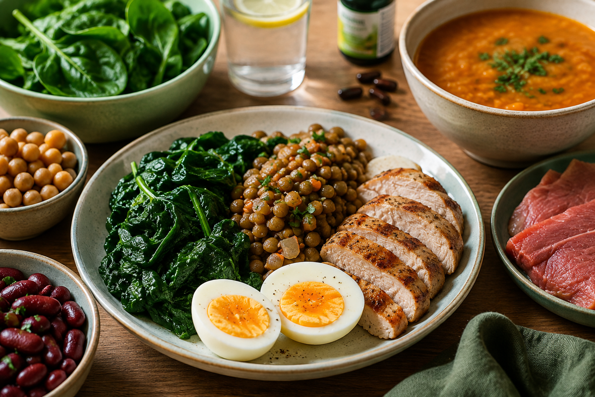 A plated meal on a wooden table featuring cooked spinach, chickpeas, sliced grilled chicken breast, hard-boiled eggs, red beans, chickpeas, a bowl of orange soup, and a bowl of greens.