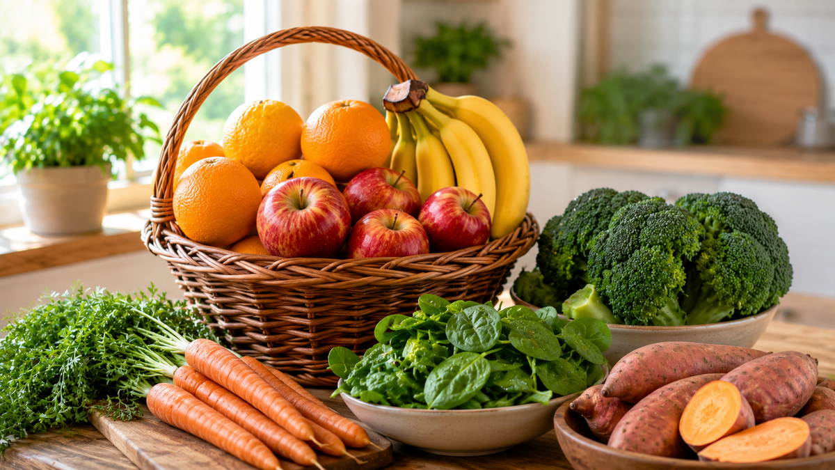 A wicker basket filled with fresh fruits, including oranges, bananas, and red apples, arranged on a wooden table with bowls of broccoli, spinach, carrots, and sweet potatoes in a bright kitchen setting.