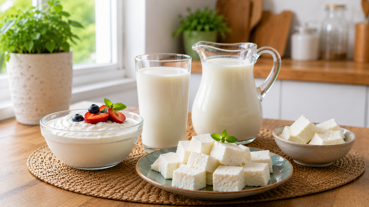 A styled breakfast scene showing a glass of milk, a glass pitcher of milk, a bowl of yogurt topped with berries and mint, and a plate of cubed cheese on a woven placemat in a bright kitchen.