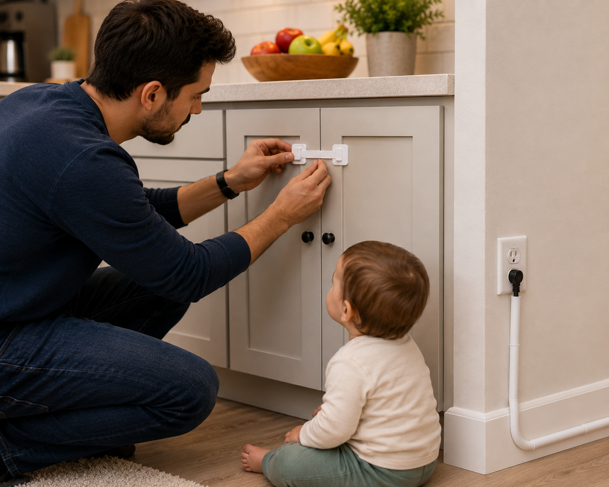 A man installs a child safety lock on a kitchen cabinet while a baby sits nearby on the floor, watching him.