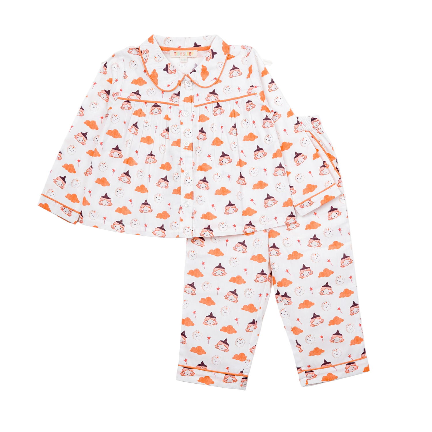 Whimsical kids's night suit set featuring playful animal and cloud patterns in white, orange, and red hues, with a collared top and pants.