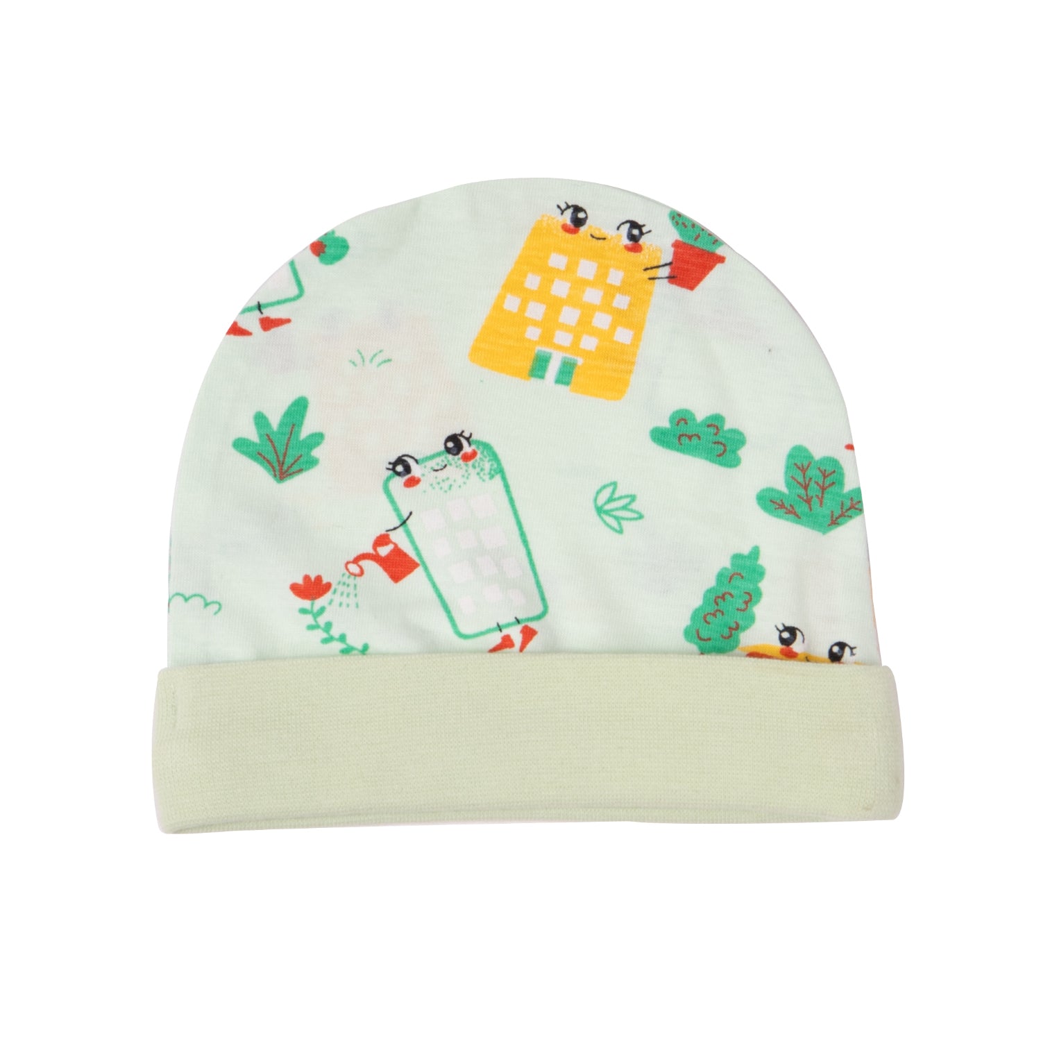 Green baby cap with playful doodle designs. Features include quirky eyes, plants, and colorful shapes, exuding a whimsical, cheerful tone.
