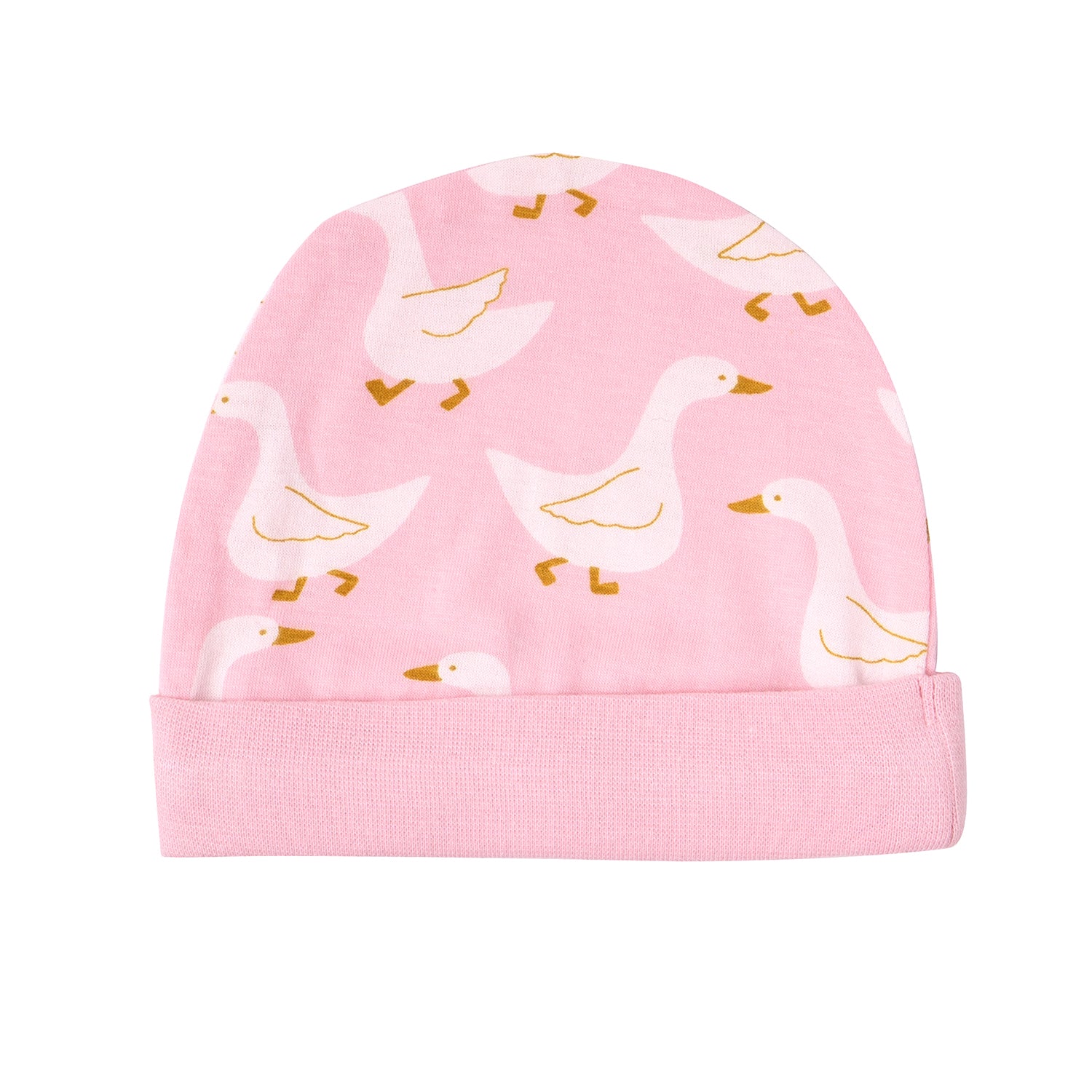 A pink baby cap adorned with a pattern of white, cartoon-style ducks walking. The playful design and soft colors convey a cheerful tone.