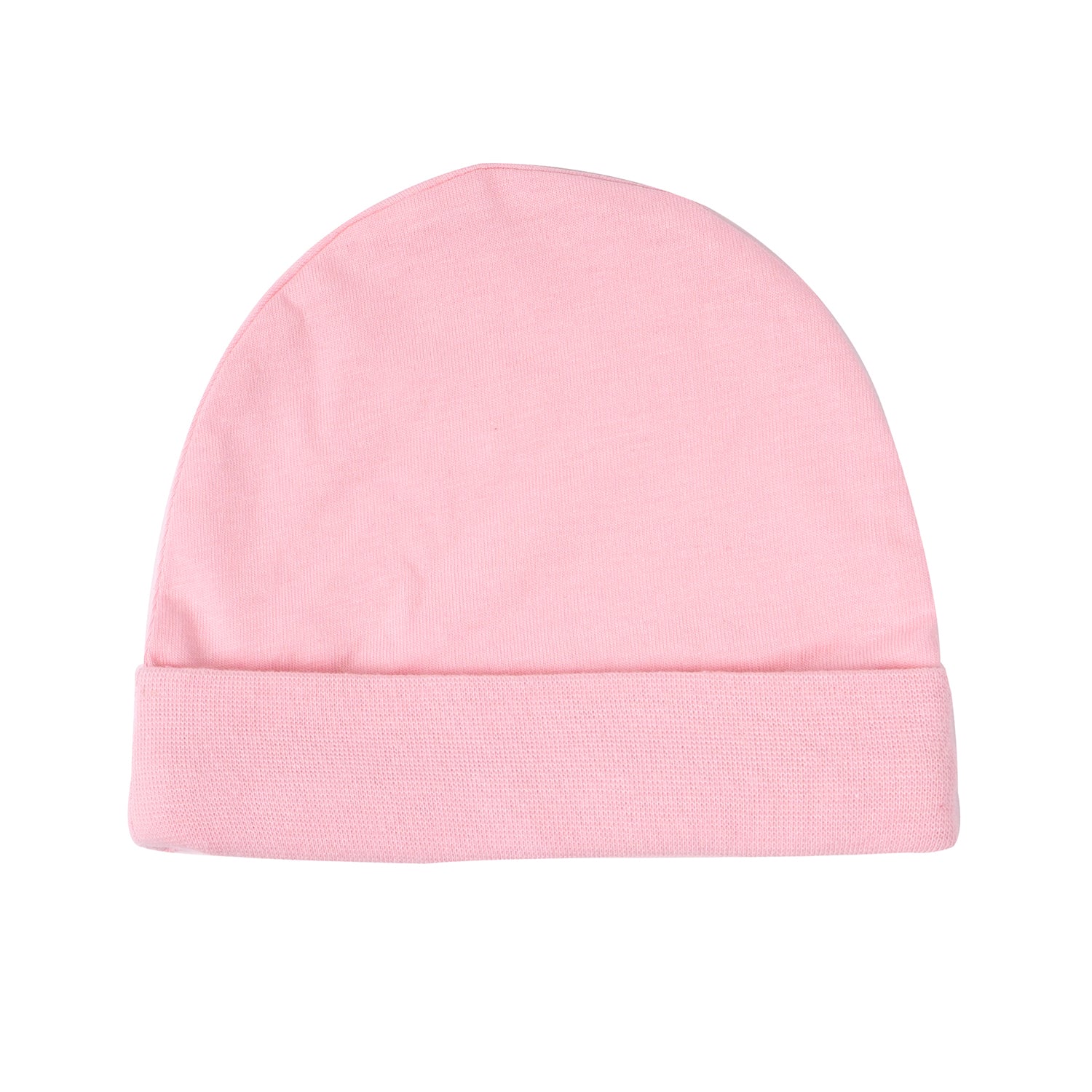 A soft pink cotton cap with a rolled-up cuff, designed for warmth and comfort.