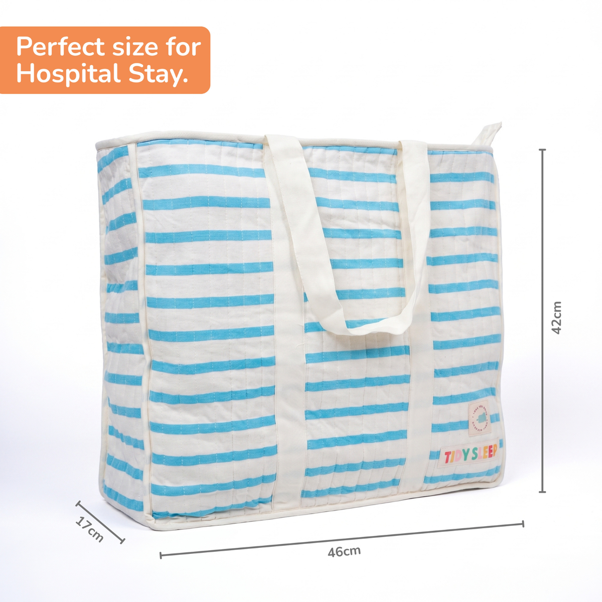 A striped hospital bag with white handles, shown with dimension lines indicating 46cm width, 42cm height, and 17cm depth, plus an orange text label reading 'Perfect size for Hospital Stay.'.