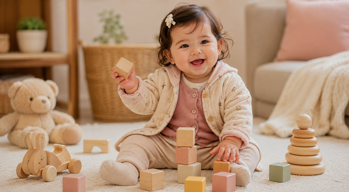 Child playing with wooden blocks in a cozy living room
