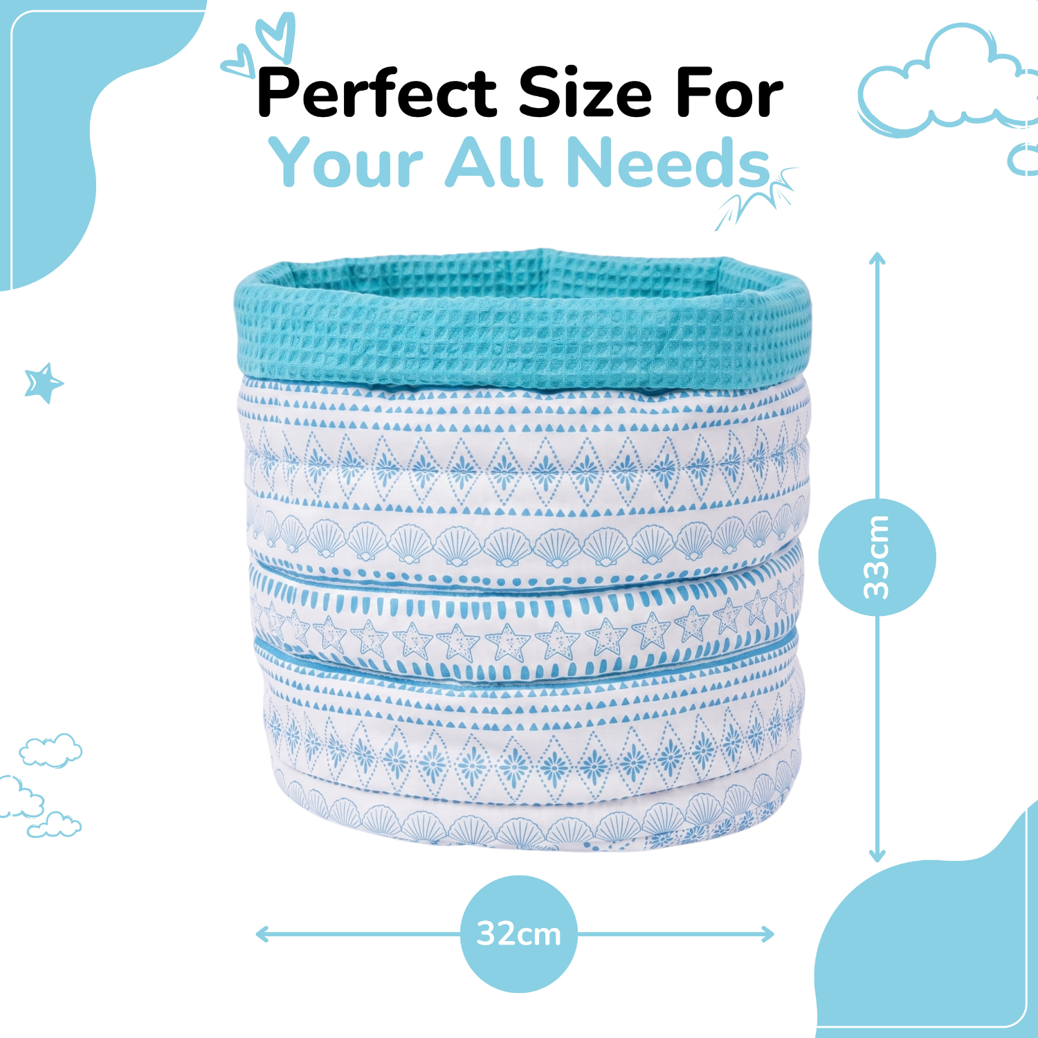 A blue and white patterned fabric storage basket with dimension arrows showing 32cm width and 33cm height, on a white background with decorative blue shapes and the text 'Perfect Size For Your All Needs'.