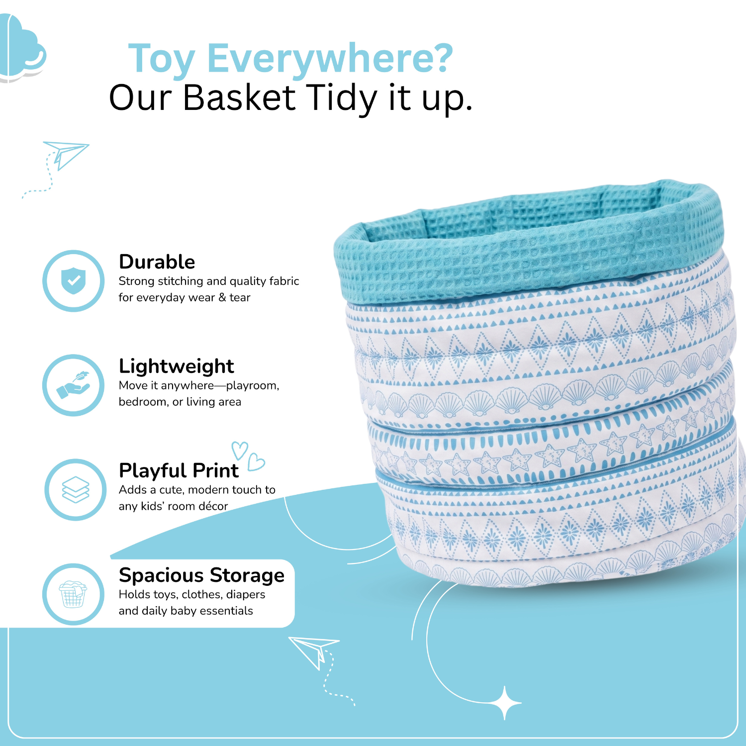 A stackable fabric baby basket toy organizer in light blue and white patterned fabric, shown on a light blue and white infographic background with feature callouts.