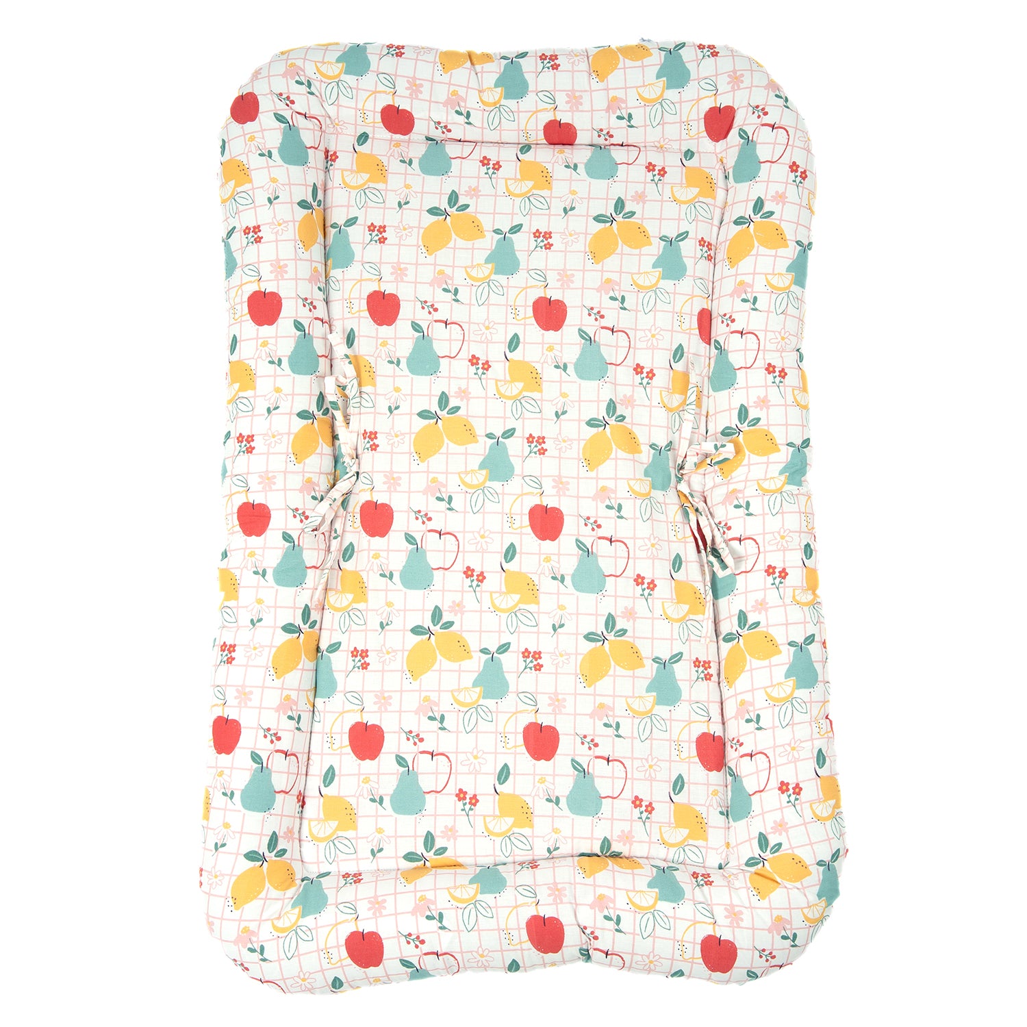 Top view of a Baby Gadda Set with a colorful fruit pattern, featuring apples, pears, and lemons on a grid background. Soft and padded design.