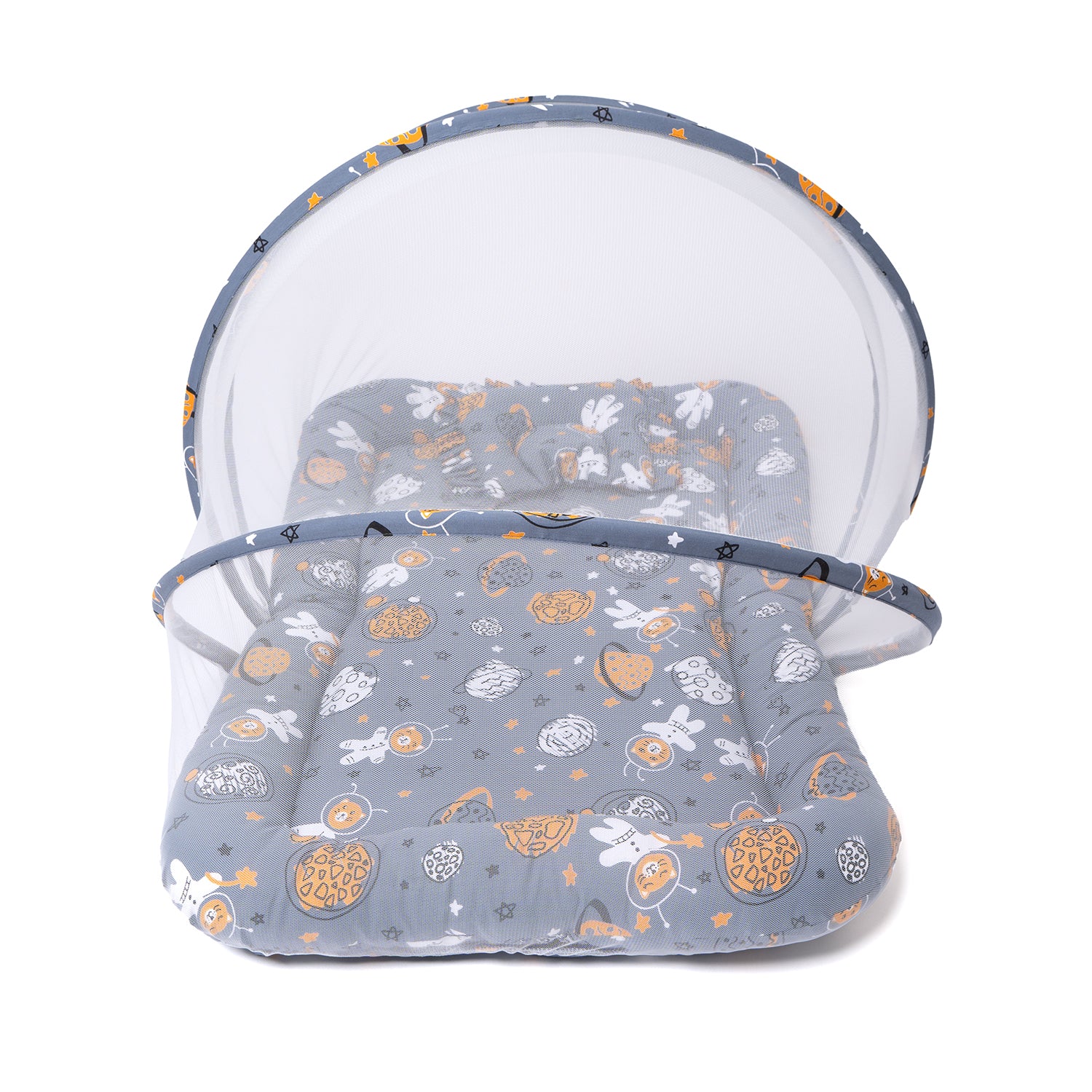 Gray portable baby play mat with a mosquito net, featuring colorful animal and space-themed illustrations.