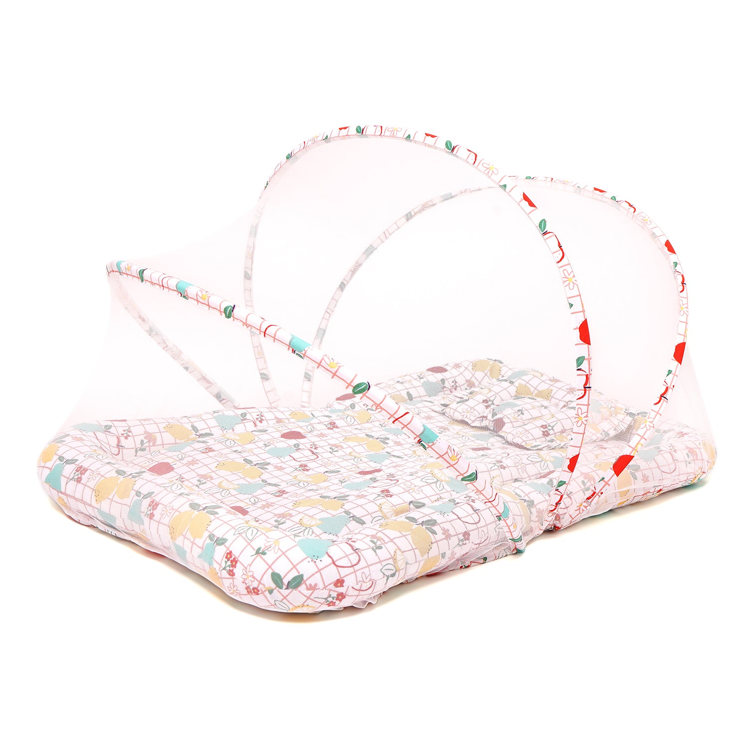 A colorful baby gadda set and a protective mosquito net, designed for safe play and rest.