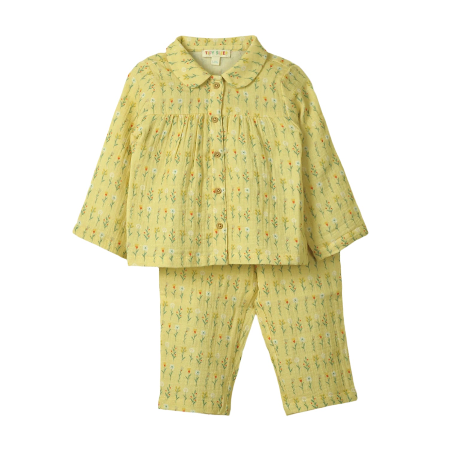 Yellow baby pajama set with a delicate floral print, featuring a button-up top with a Peter Pan collar and matching pants.