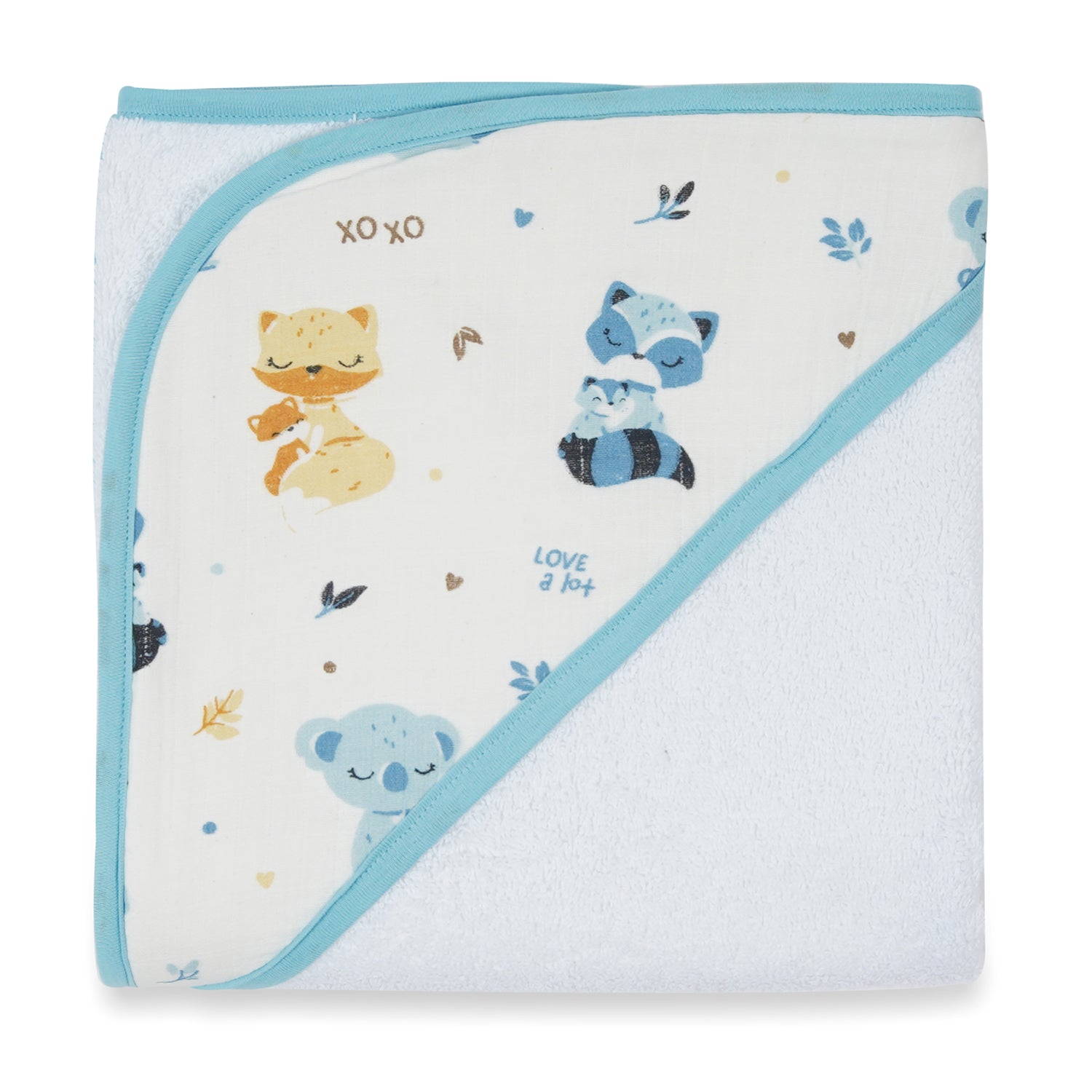 A cozy baby hooded towel featuring playful animal patterns, including foxes and koalas, with a soft white texture and light blue trim.