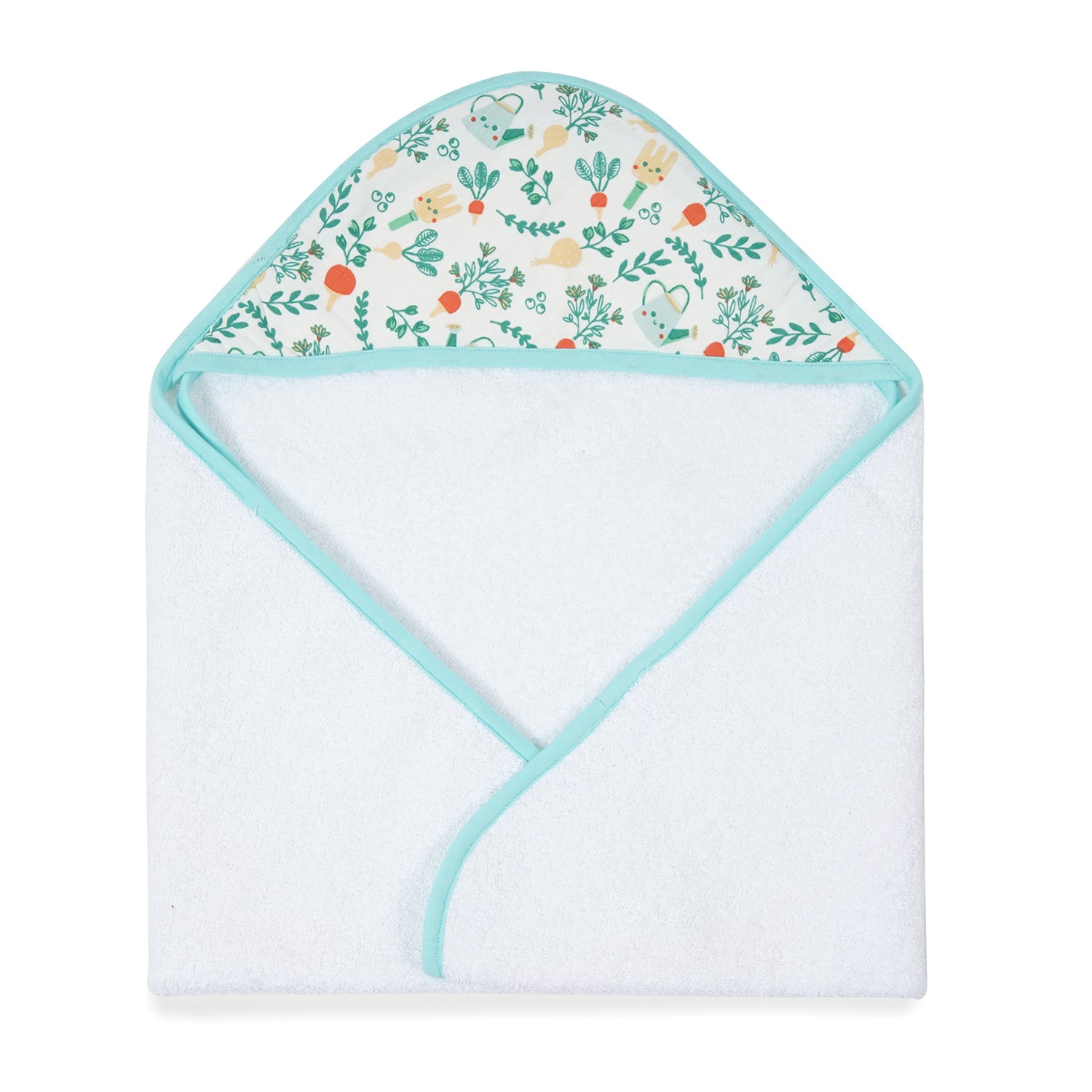 Colorful baby hooded towel featuring a garden-themed design with plants, watering cans, and cheerful faces on a soft white background.