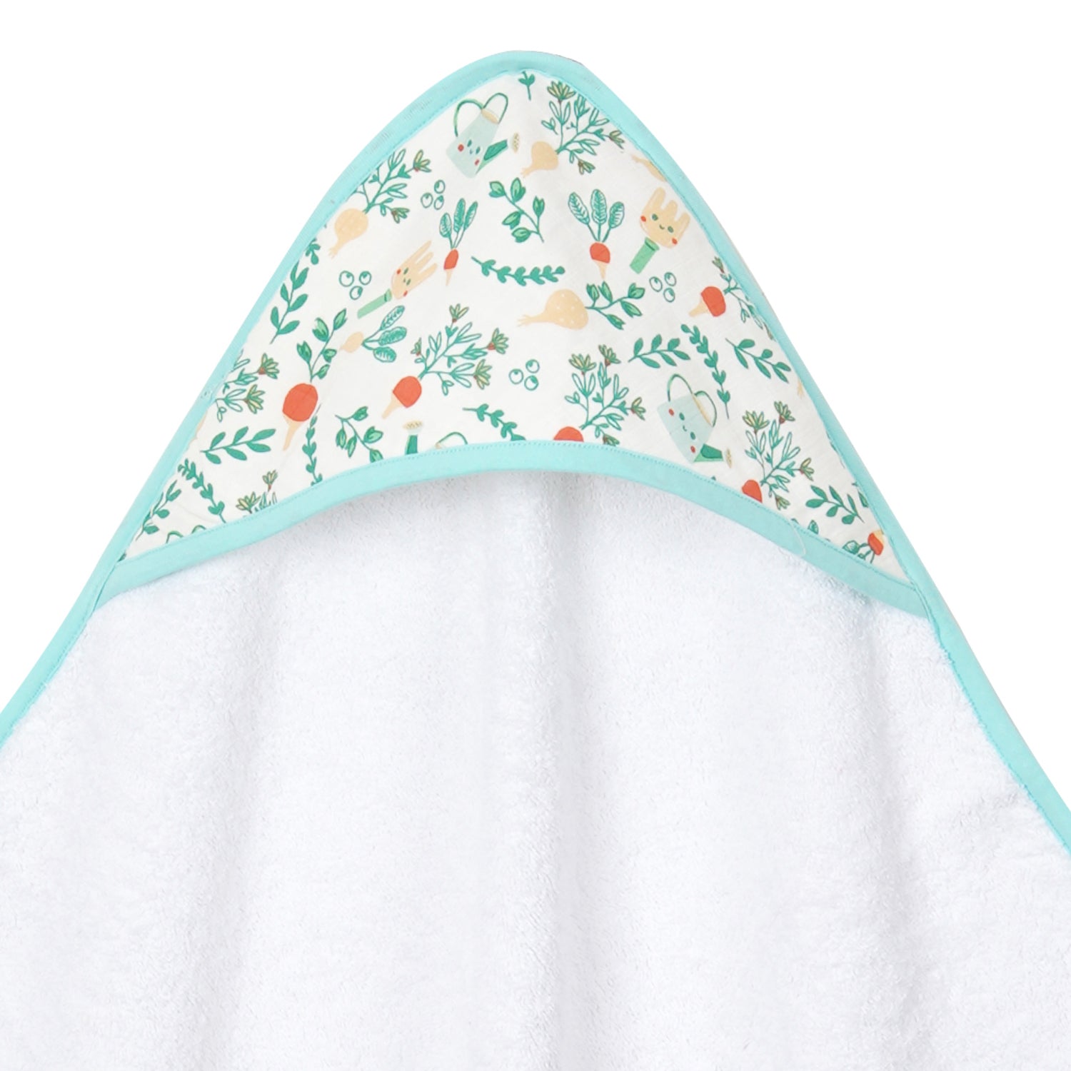 Colorful baby hooded towel featuring a garden-themed design with plants, watering cans, and cheerful faces on a soft white background.