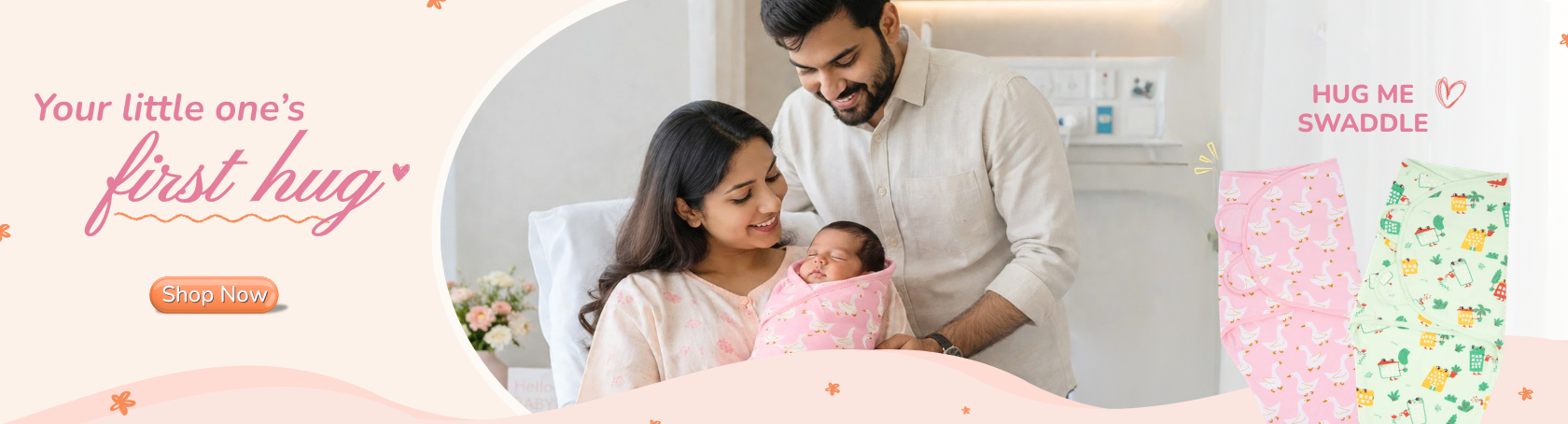 A promotional banner featuring a family scene with a woman holding a baby wrapped in a pink pod wrapper, alongside two folded blankets with printed patterns. Text on the left reads 'Your little one's first hug' with a pink 'Shop Now' button, and the right side says 'HUG ME SWADDLE'.