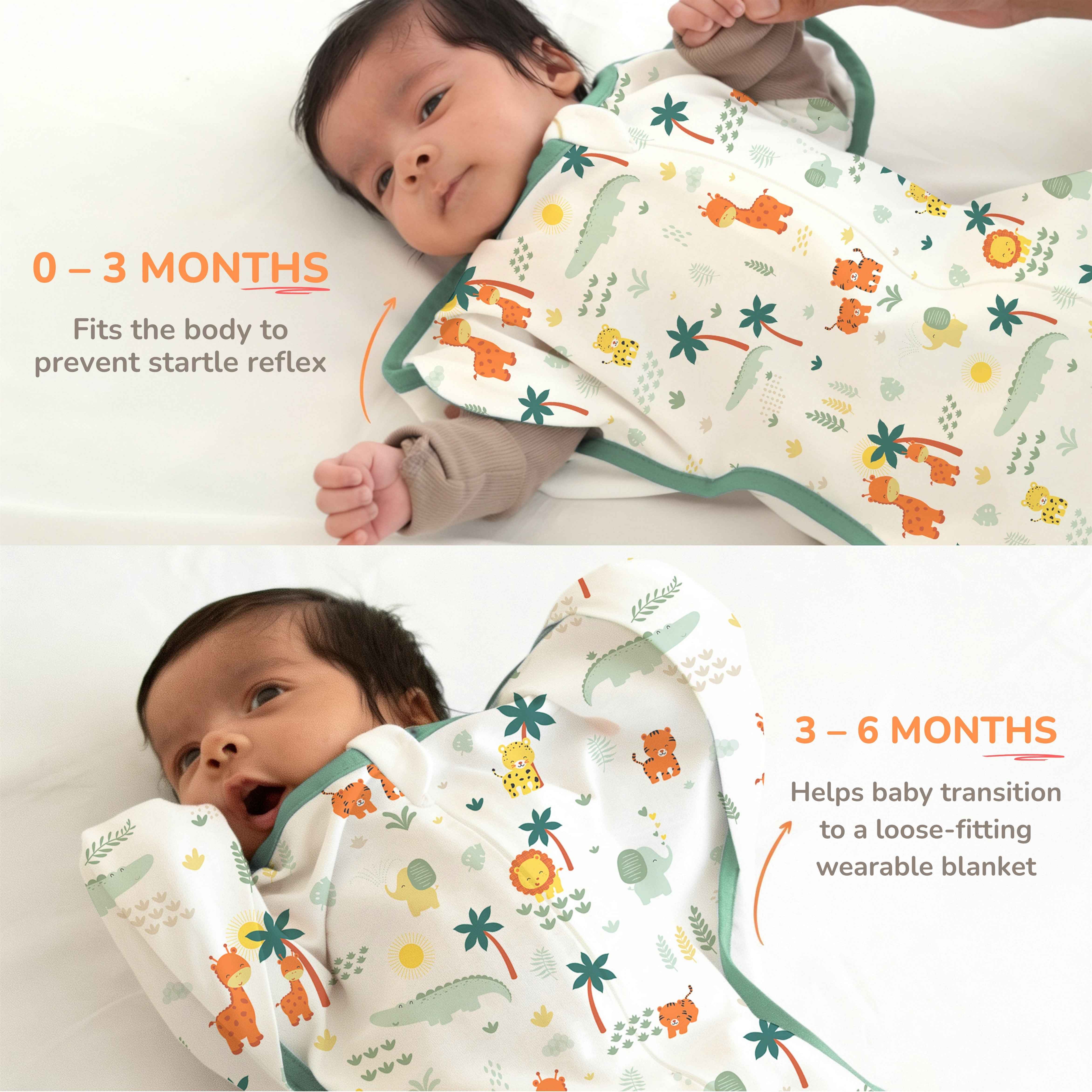 A baby arms-up cotton swaddle shown in two panels, worn by a baby lying on a white surface. The top panel is labeled '0 - 3 MONTHS' and the bottom panel '3 - 6 MONTHS', with text explaining fit and transition to a wearable blanket.