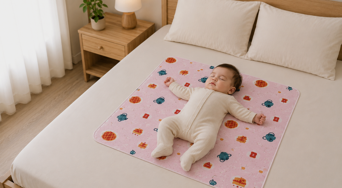 Baby lying on a colorful printed dry sheets on a bed in a bedroom setting