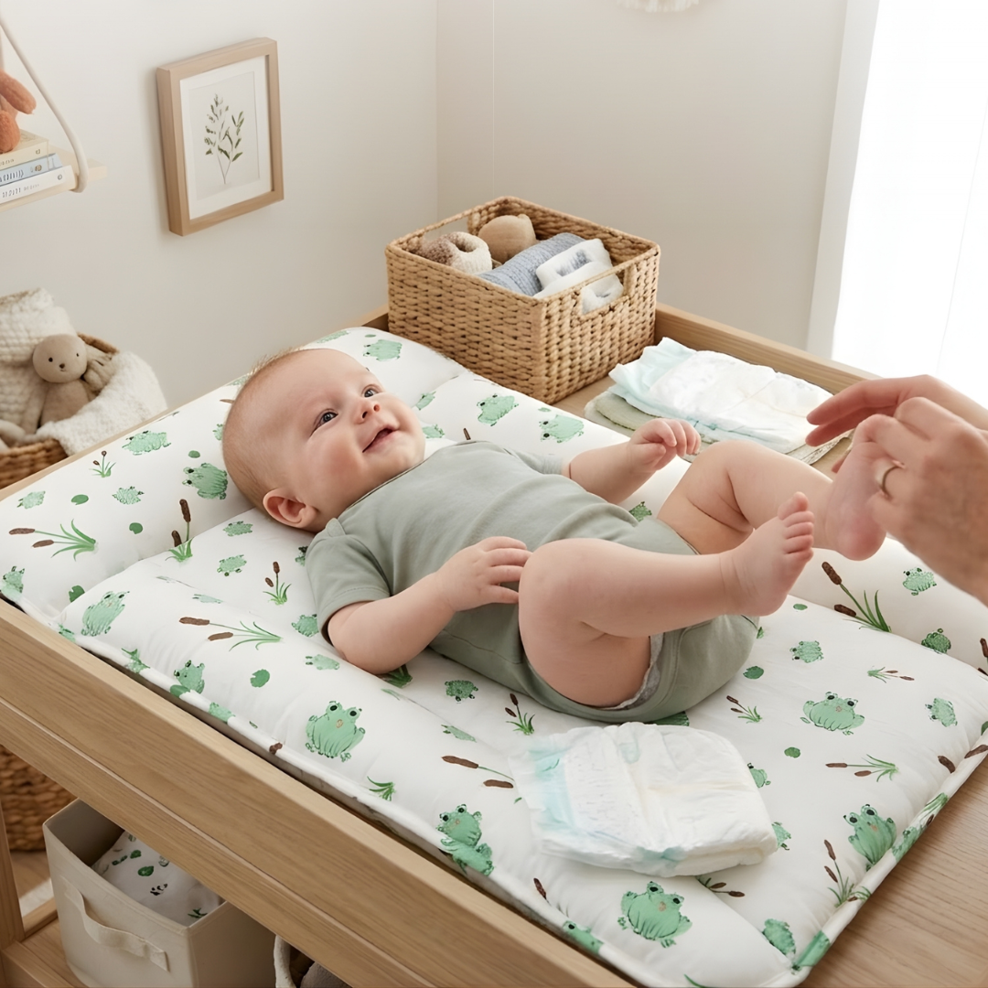 A baby lying on a changing station in a nursery setting. The pad has a white background with a green frog and brown twig pattern.