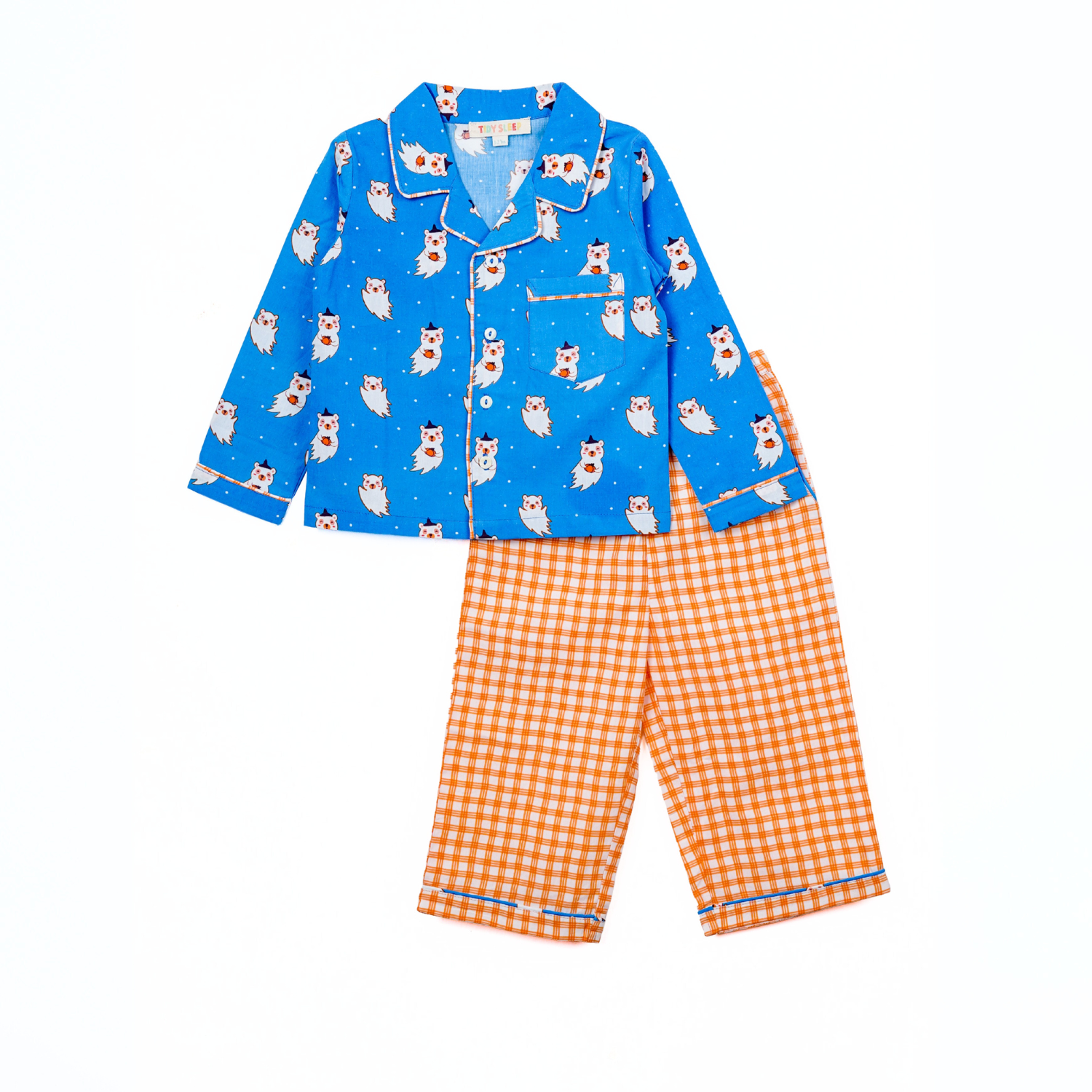 Kids's pajama set featuring a blue top with owl prints and orange checkered pants night suit. Fun and colorful sleepwear.