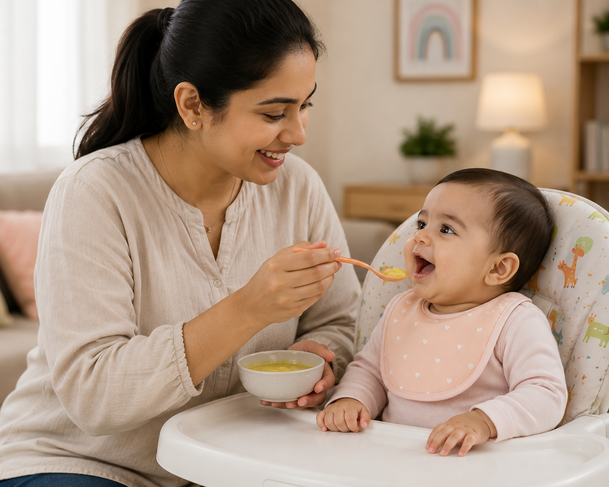 A smiling woman feeds a laughing baby in a high chair with a spoon. The baby wears a pink bib, and the setting appears to be a cozy, well-lit home.