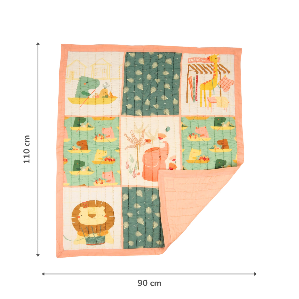 A square quilted baby blanket with a colorful safari animal patchwork design, shown with dimension lines indicating 110 cm in height and 90 cm in width on a white background.