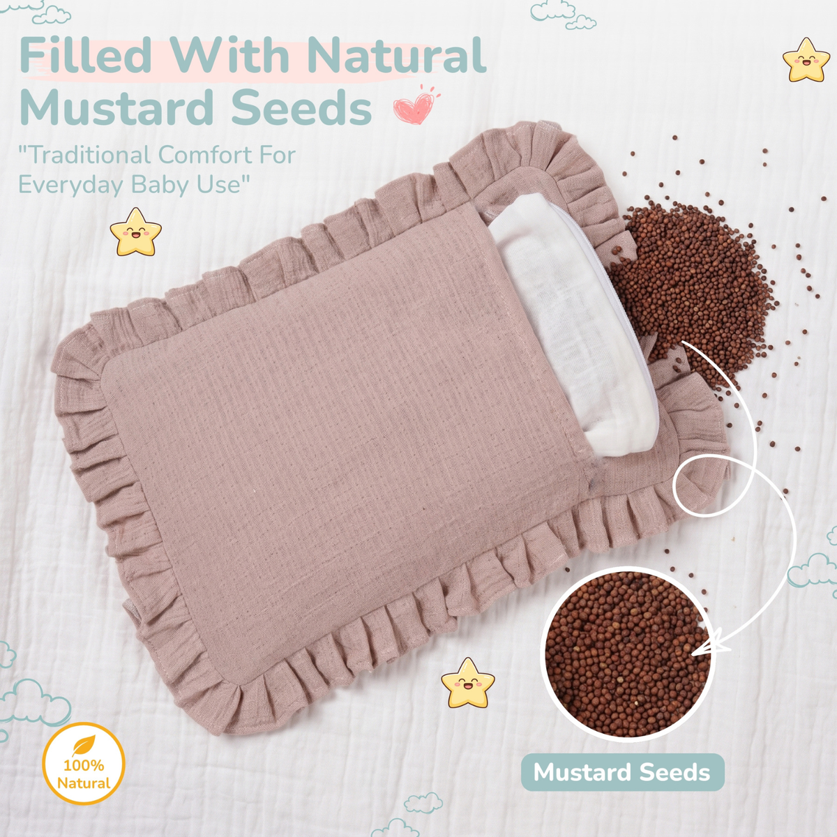 A baby mustard seed pillow in rose tan with ruffled edges, shown on a light wood background with mustard seeds and text overlays explaining natural baby bedding.