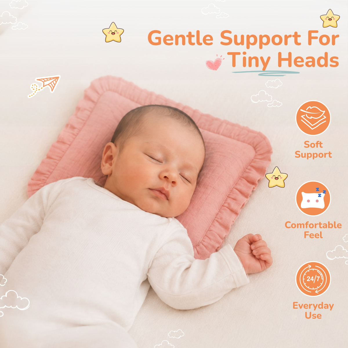 A sleeping newborn baby wearing a white long-sleeve outfit, lying on a pink  mustard seed ruffled pillow. The image includes marketing text and icons on a white background