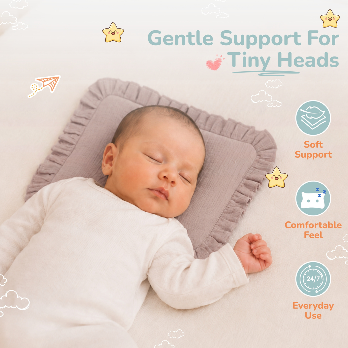 A sleeping baby wearing a white long-sleeve outfit rests on a soft mustard seed pillow with a ruffled edge. The image includes marketing text and icons reading 'Gentle Support For Tiny Heads,' 'Soft Support,' 'Comfortable Feel,' and 'Everyday Use' on a light background with small cloud illustrations.