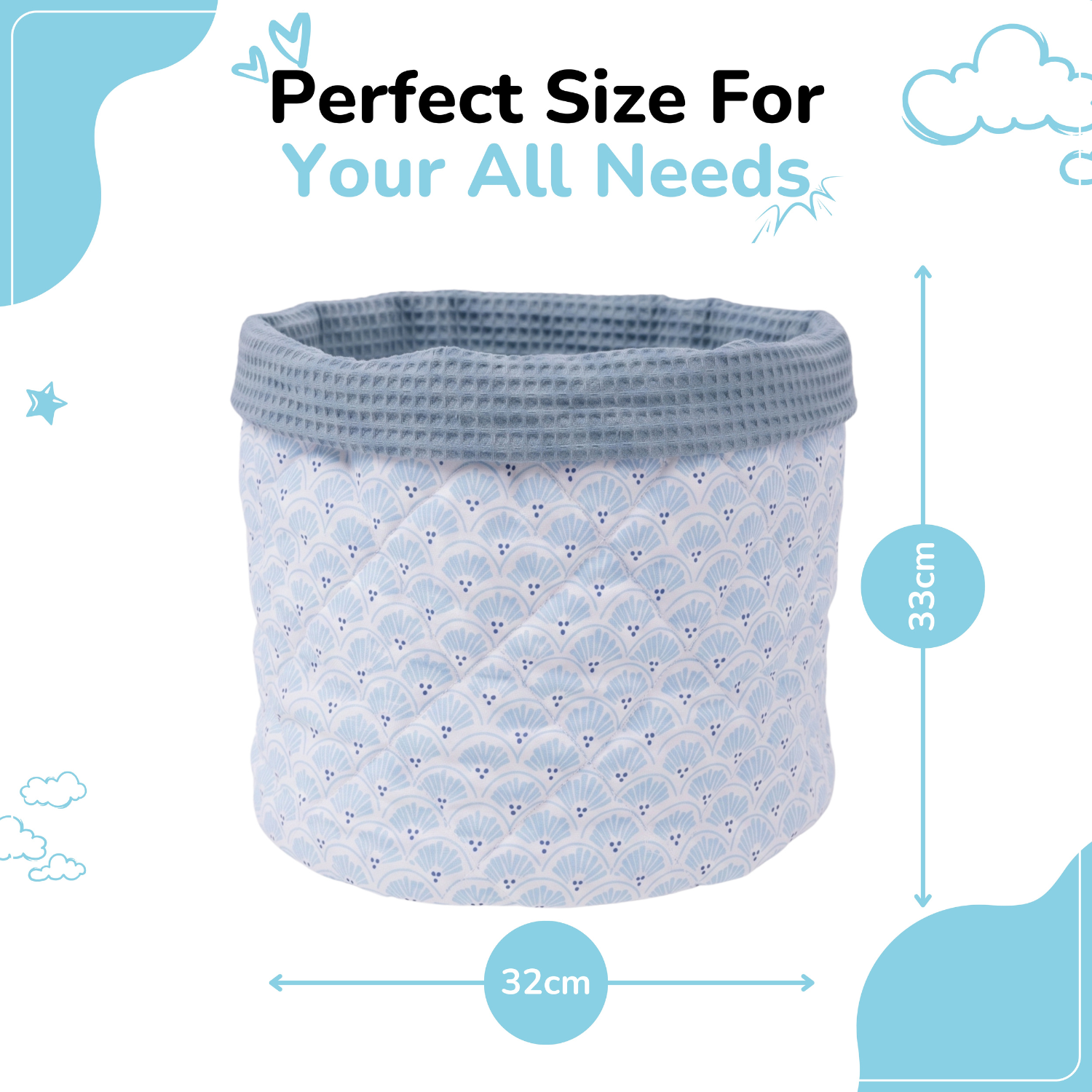 A light blue and white patterned fabric storage basket with a gray ribbed rim, shown with dimension labels indicating 32 cm width and 33 cm height on a white background with decorative blue graphics.