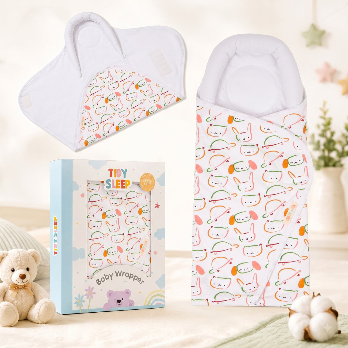 A baby swaddle wrap shown in two views alongside its retail box. The swaddle has a white base with a playful pattern of cartoon bunnies, hats, and stars in pastel pink, orange, green, and blue.