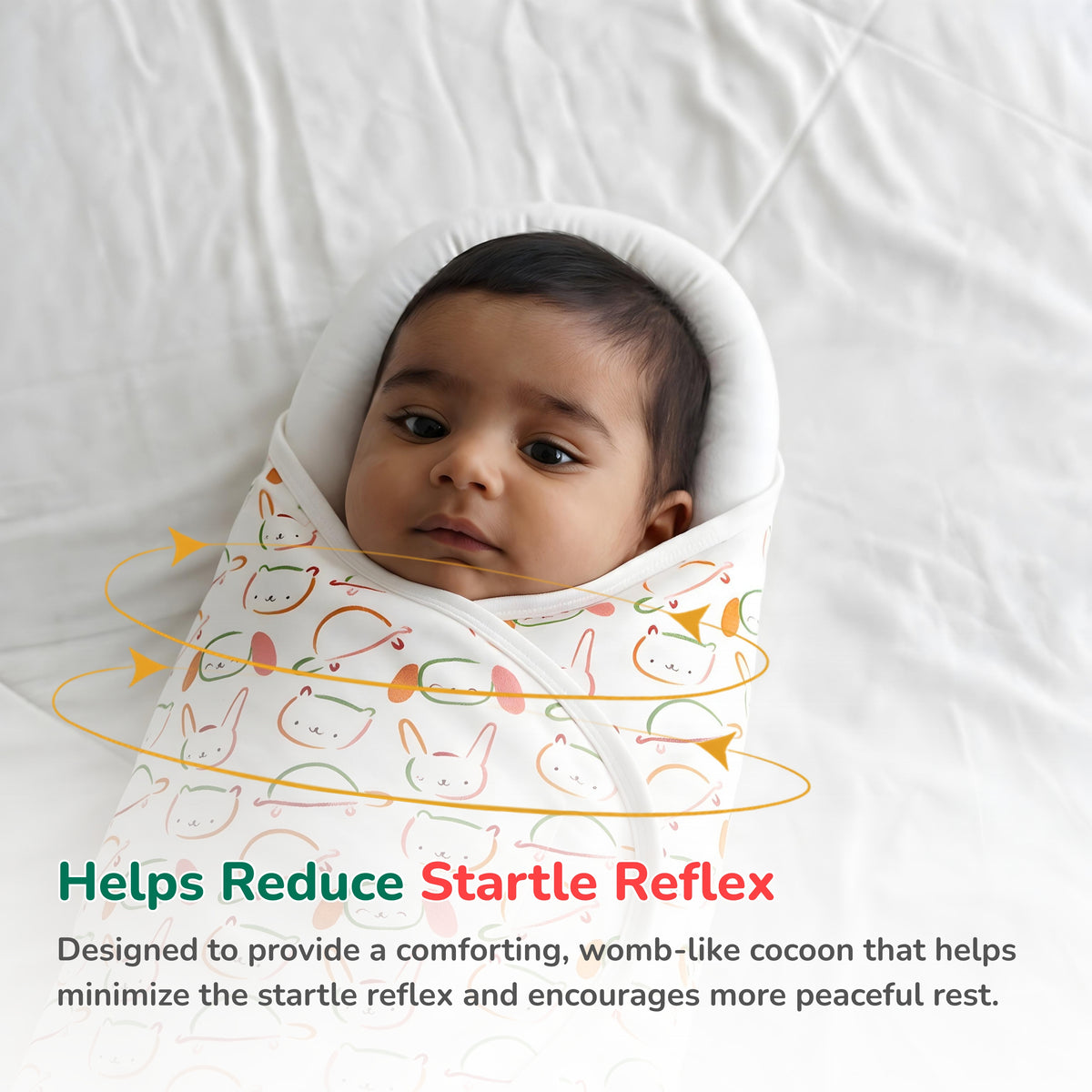 A baby swaddled in a white baby pod wrapper blanket with a colorful cartoon bunny pattern, lying on a white bed. The image includes text overlays explaining that the swaddle helps reduce startle reflex.