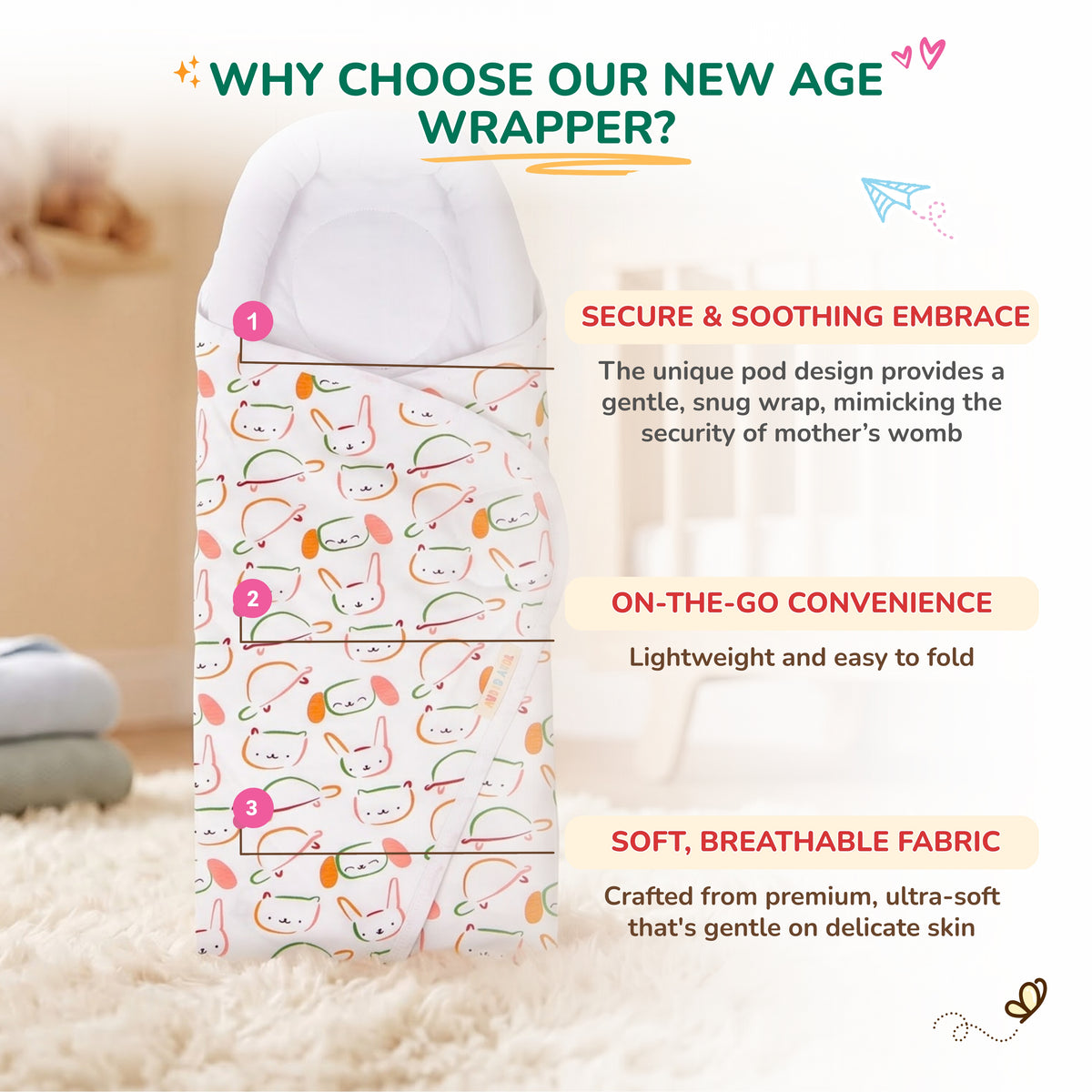An age-appropriate baby pod wrapper shown on a white bassinet, with three numbered callouts and text describing its secure, soothing embrace, lightweight convenience, and soft breathable fabric.