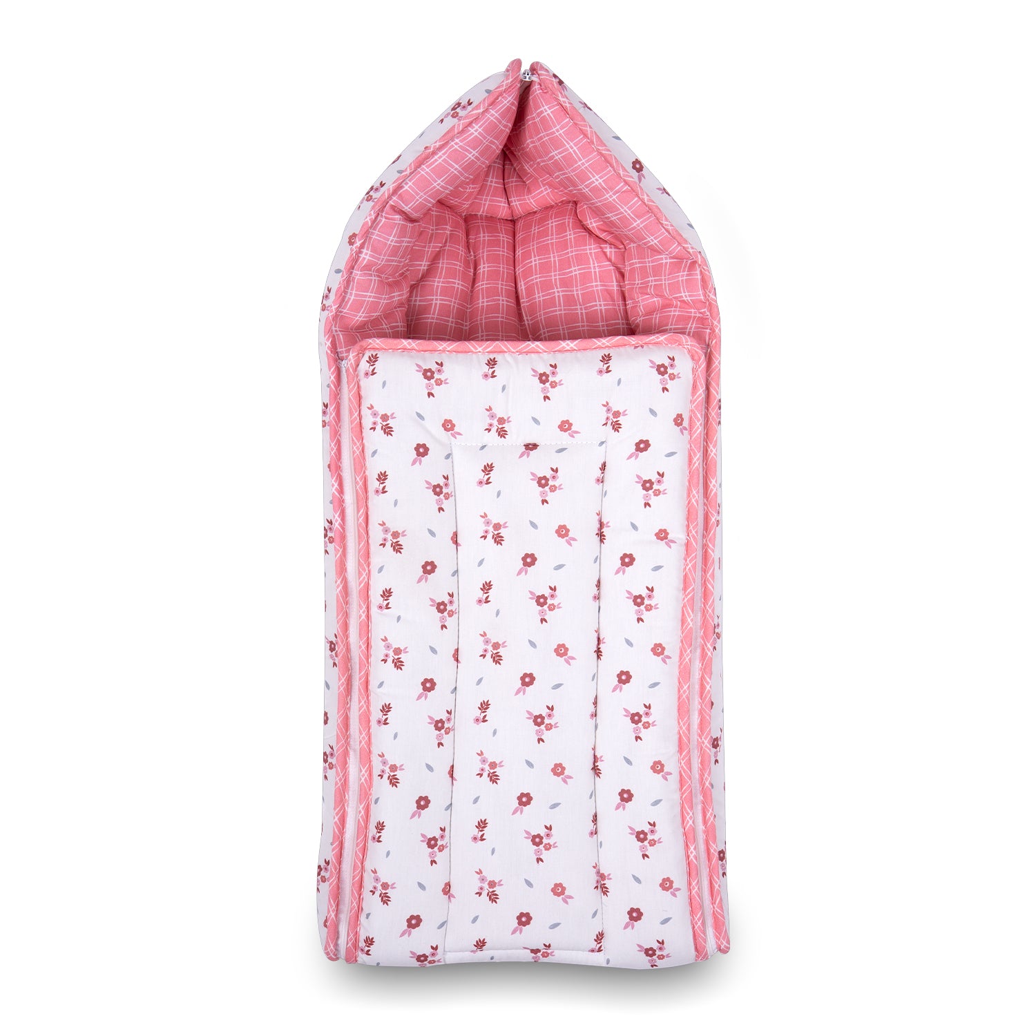 A cozy baby carry nest in pink and white color featuring a floral patterned exterior and a cheerful yellow checkered lining at the top.