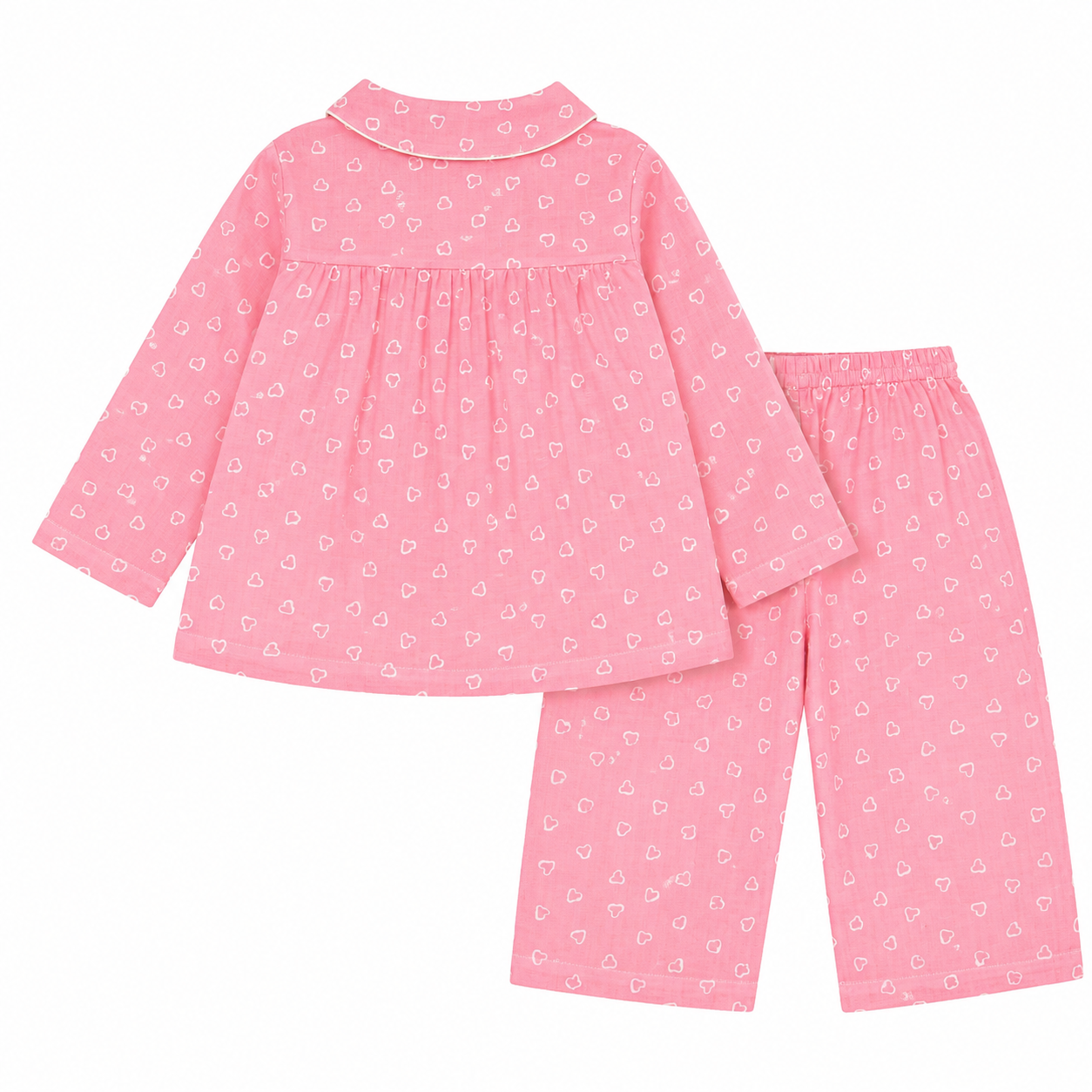 Back side of Baby girl pink long-sleeve pajama set with a button-up top and matching pants, both decorated with mini white heart patterns.