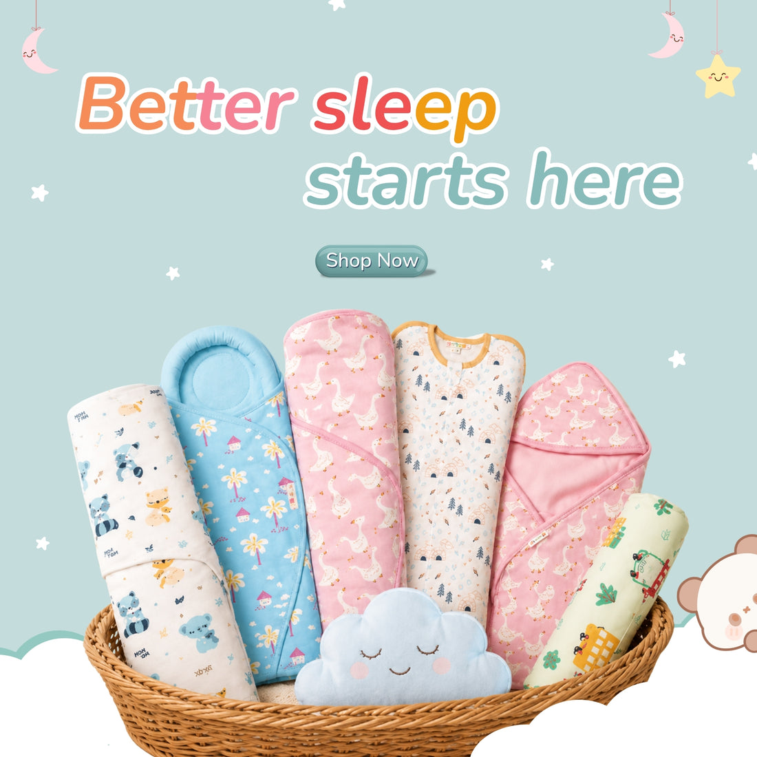 A set of baby swaddle blankets and a footmuff displayed in a wicker basket with a plush cloud toy, set against a light blue background with the text 'Better sleep starts here' and a 'Shop Now' button.