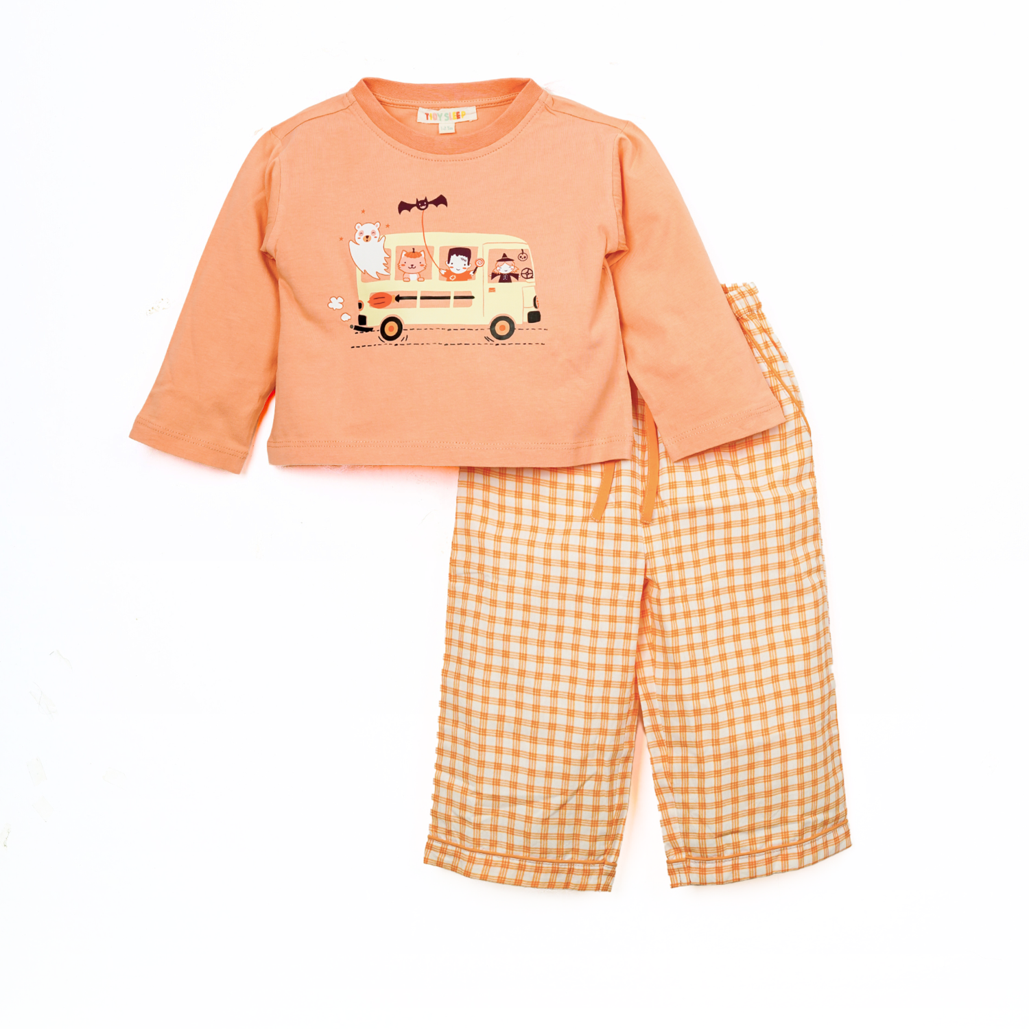 A matching kids' night suit set featuring an orange long-sleeve shirt with a bus graphic and checked orange pajama pants.