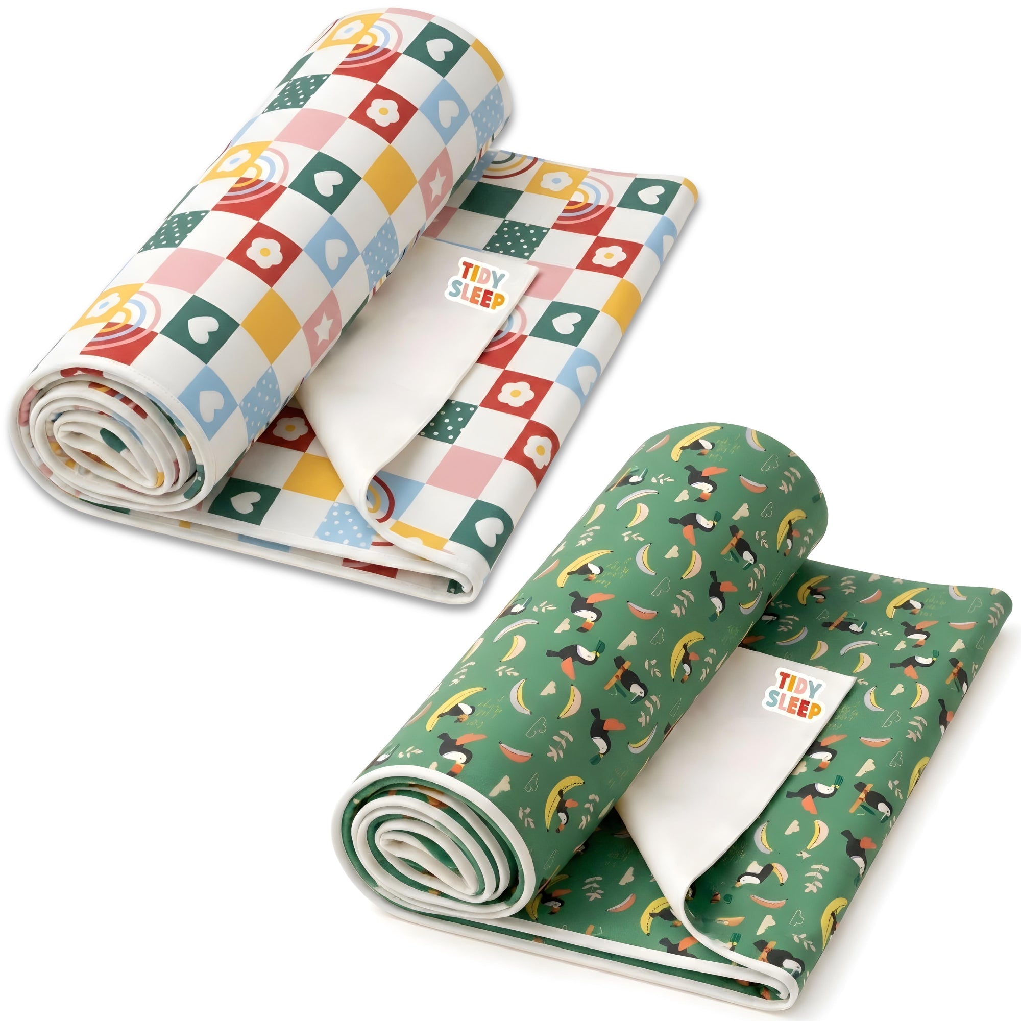 Printed Waterproof Dry Sheet (Pack of 2) - Rainbow Patch & Tropical Toucan