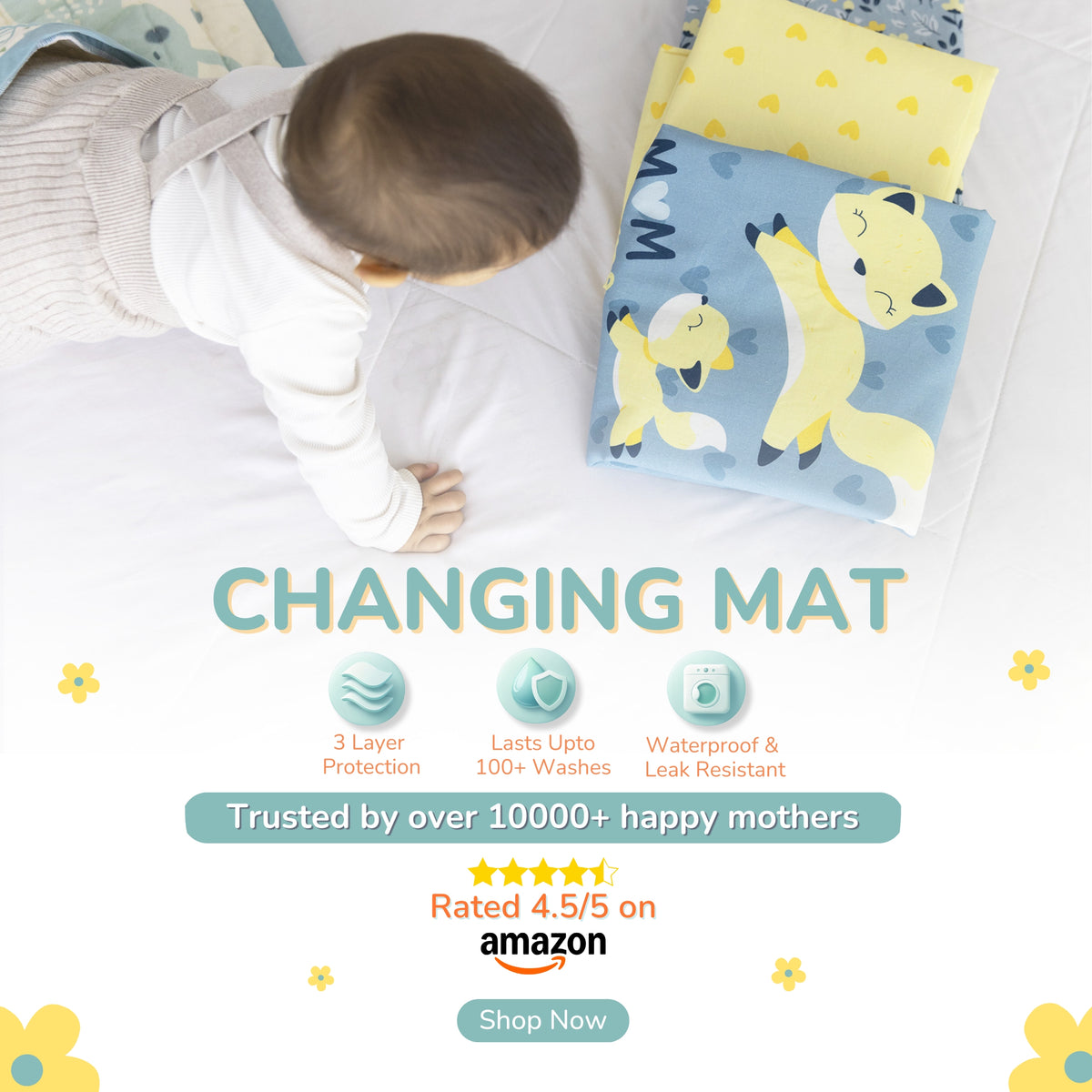 Baby changing mat with cartoon fox design and promotional text on a white background