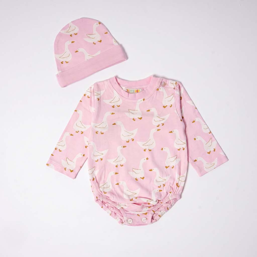 Onesie with Cap Set for Newborns - Pink Duck