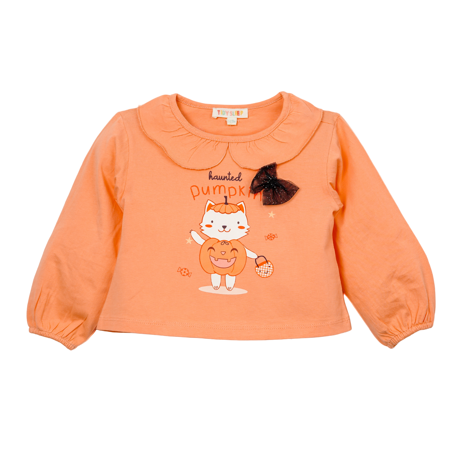 A peach-colored long-sleeve top for baby girl featuring a cute cat holding a pumpkin, with a black bow and the text "haunted pumpkin."