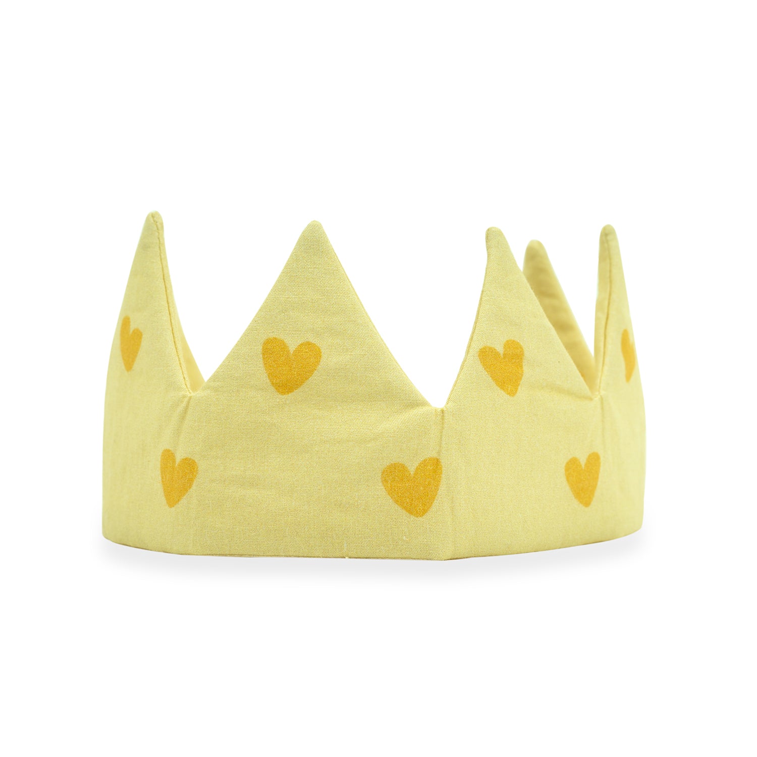 yellow crown with little orange hearts on it
