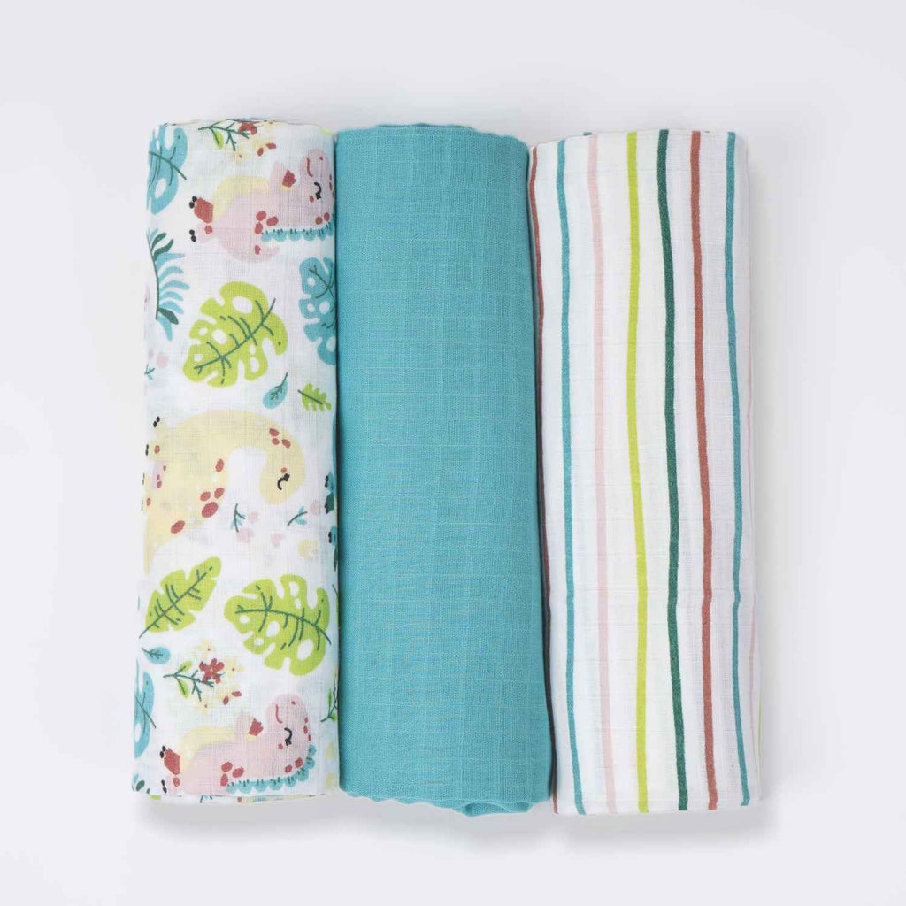 Little Dino - Cotton Muslin Swaddle - Pack of 3