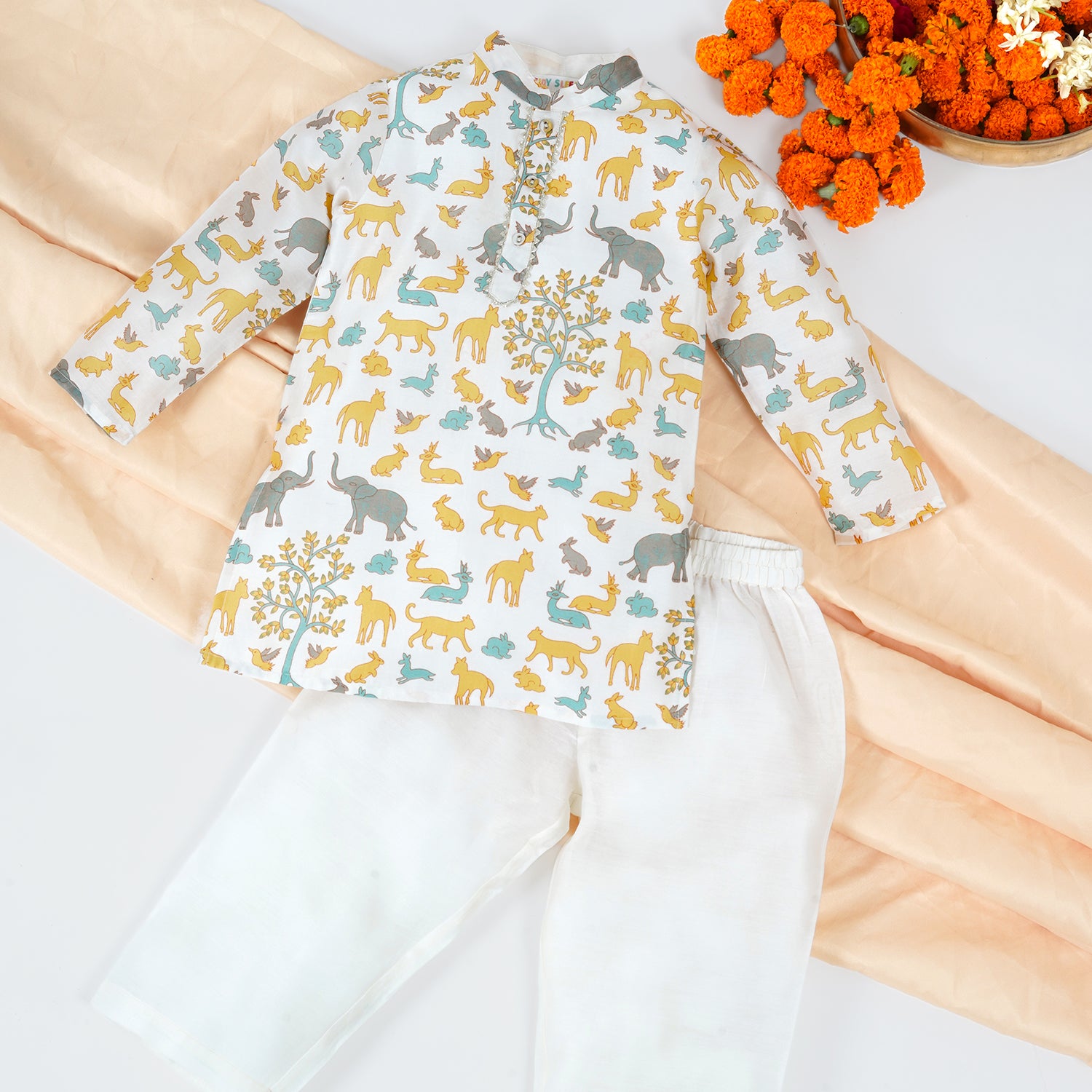 Animal Chanderi Print | Kurta with Pajama Set |Festive Wear