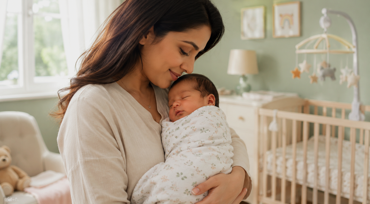 Woman holding a baby in a nursery with a crib and toys in the background