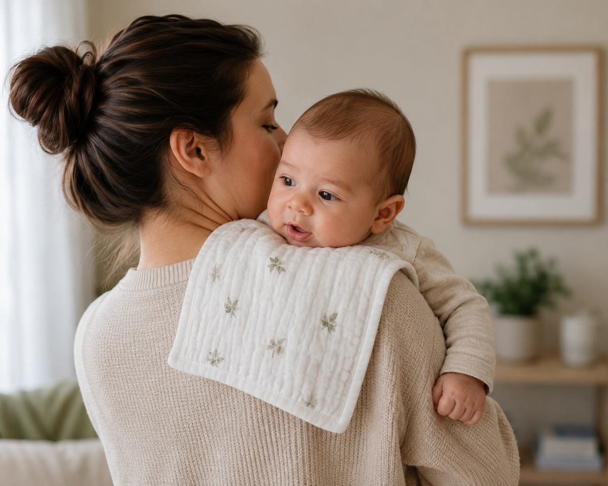 A woman in a beige knit sweater holds a baby wearing a cream muslin bib with small green floral details. 