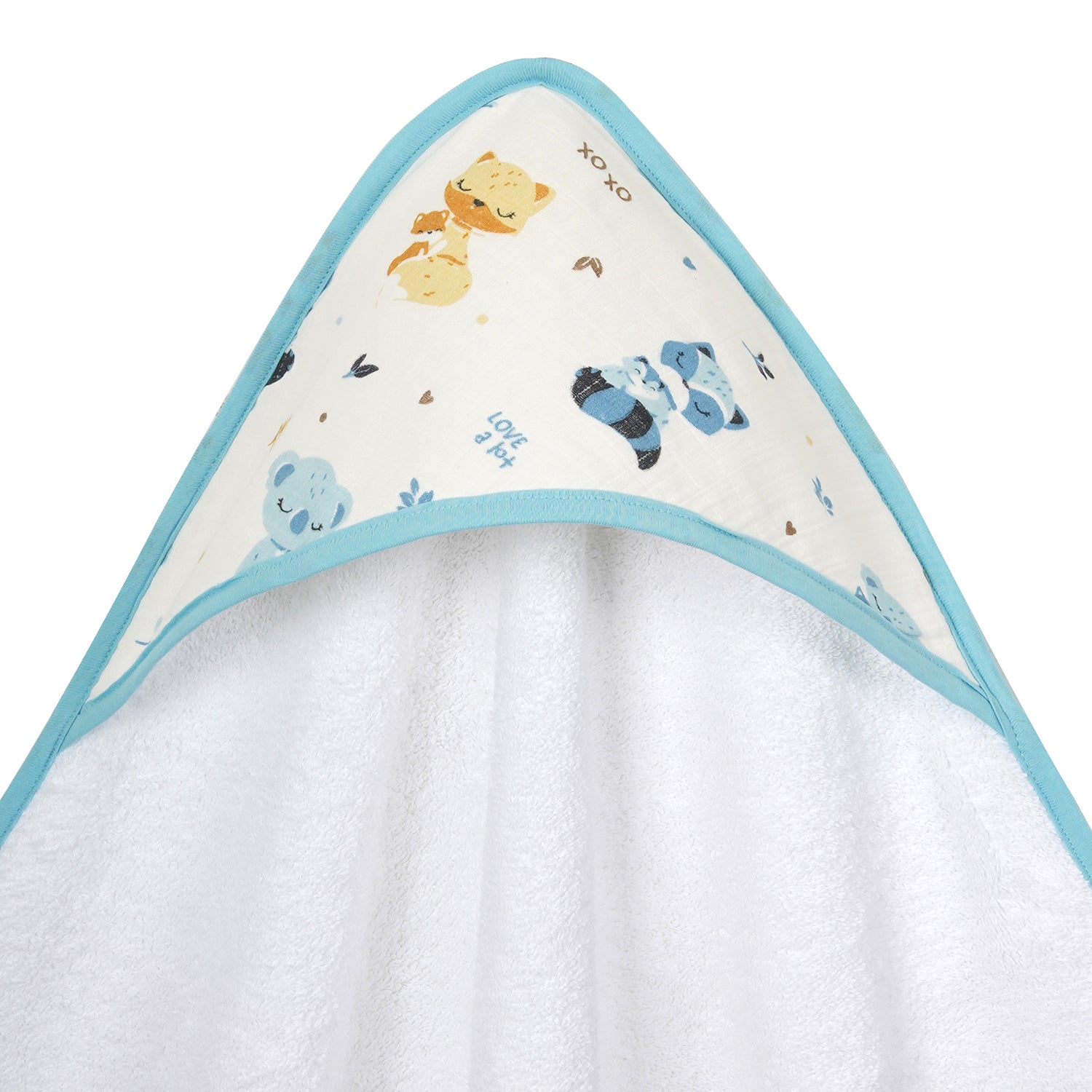 A cozy baby hooded towel featuring playful animal patterns, including foxes and koalas, with a soft white texture and light blue trim.