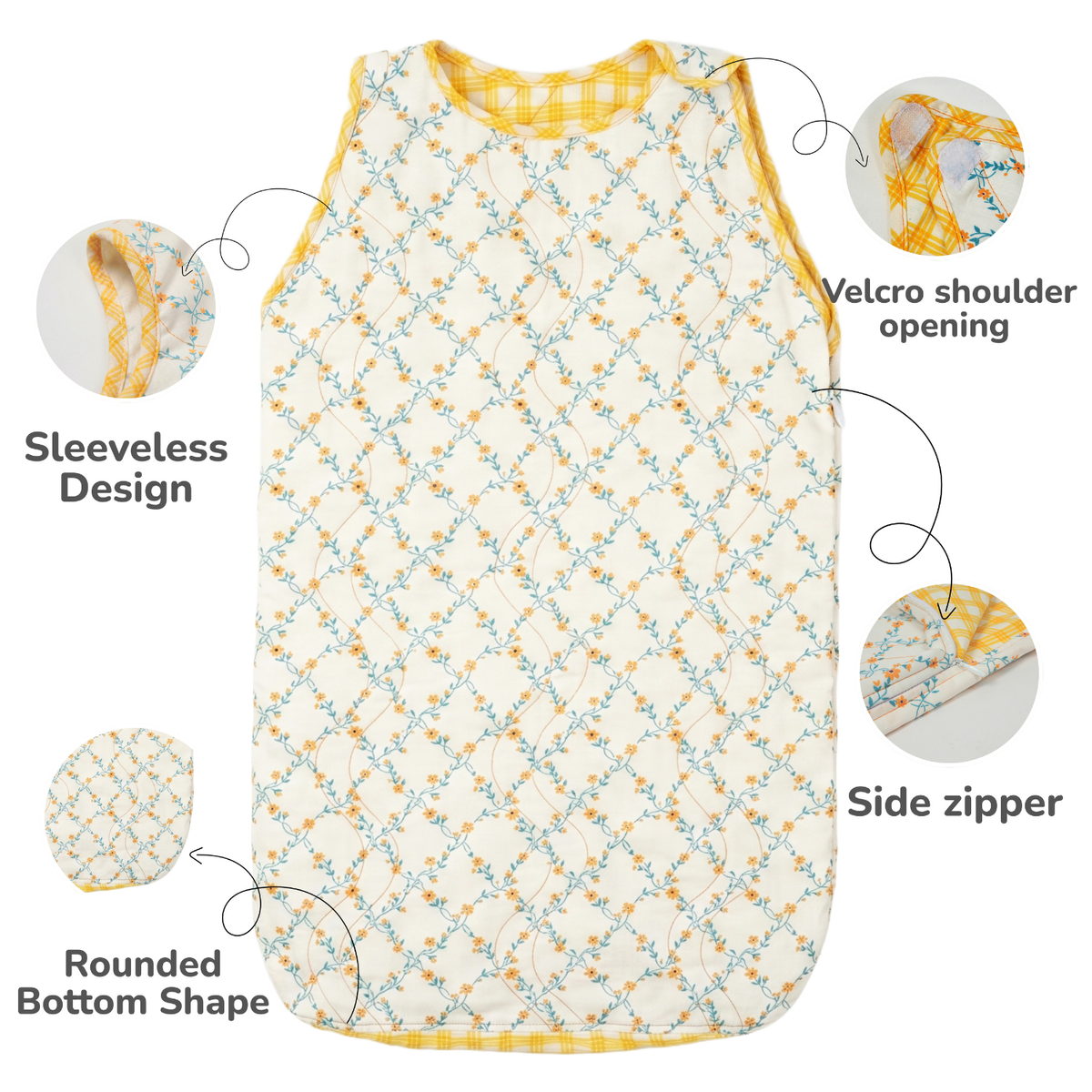 A sleeveless quilted baby sleep sack with a yellow and white gingham trim and a blue and yellow floral lattice pattern and  highlighting key features.