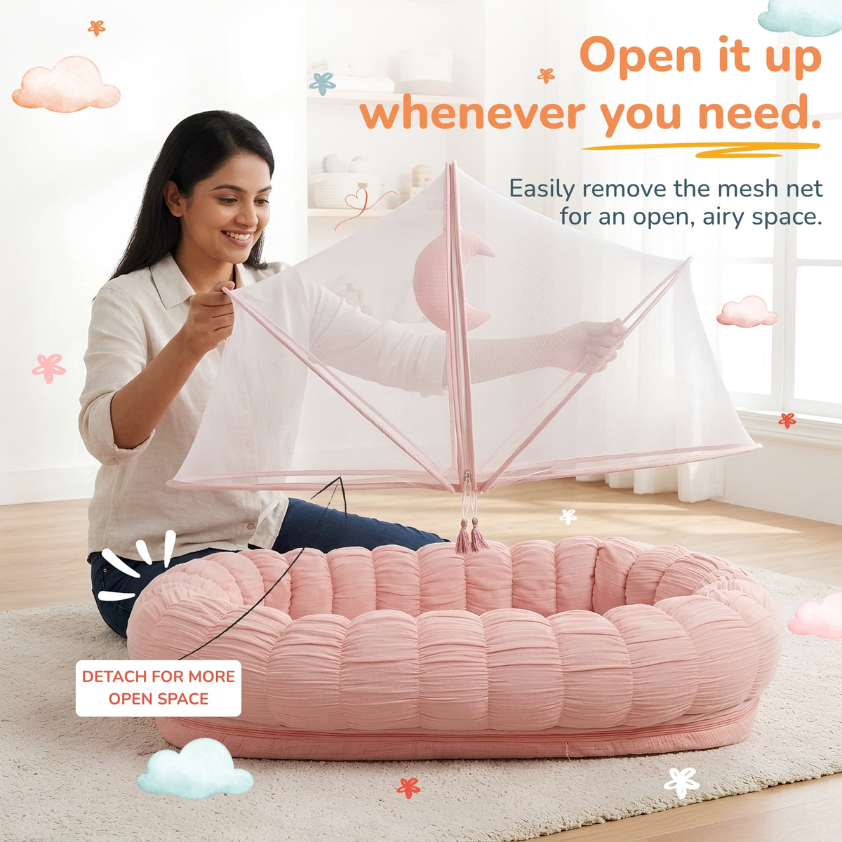 A woman sits on a light rug in a bright room, demonstrating a pink tufted pet bed with a detachable white mesh canopy. Text overlays explain how to open the canopy, with decorative pastel clouds and stars around the scene.